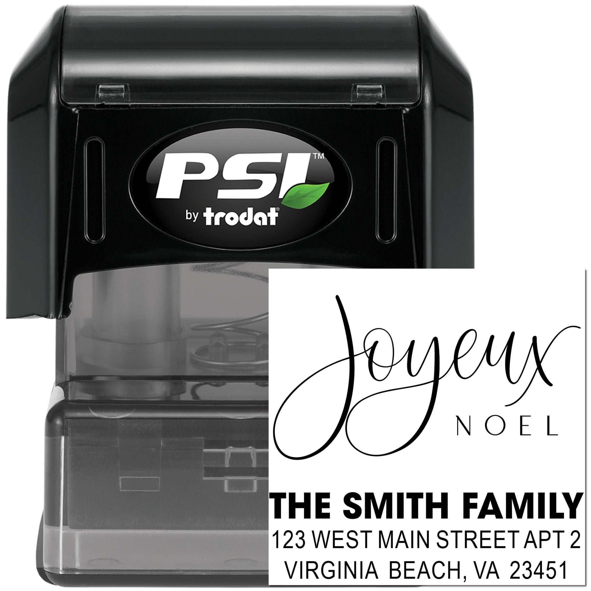 PSI by Trodat self-inking custom return address stamp with Joyeux Noel holiday design for Christmas cards and mailings