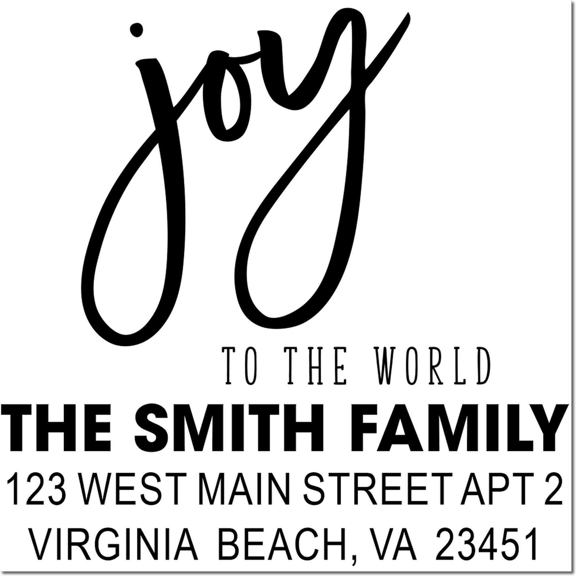Custom holiday address rubber stamp for The Smith Family, Joy to the World, Virginia Beach, VA 23451.