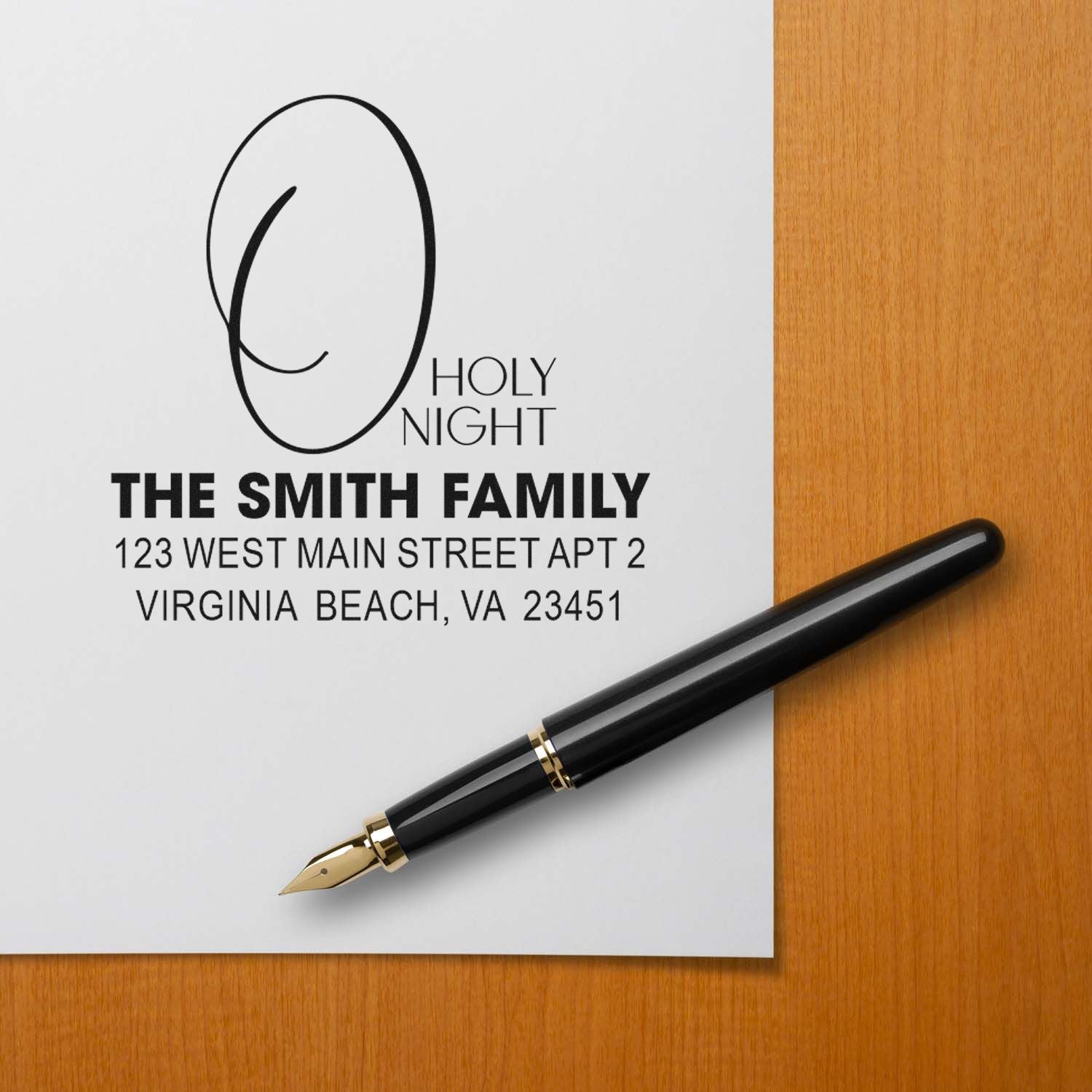Custom Christmas return address rubber stamp with Holy Night design and The Smith Family, Virginia Beach, VA.