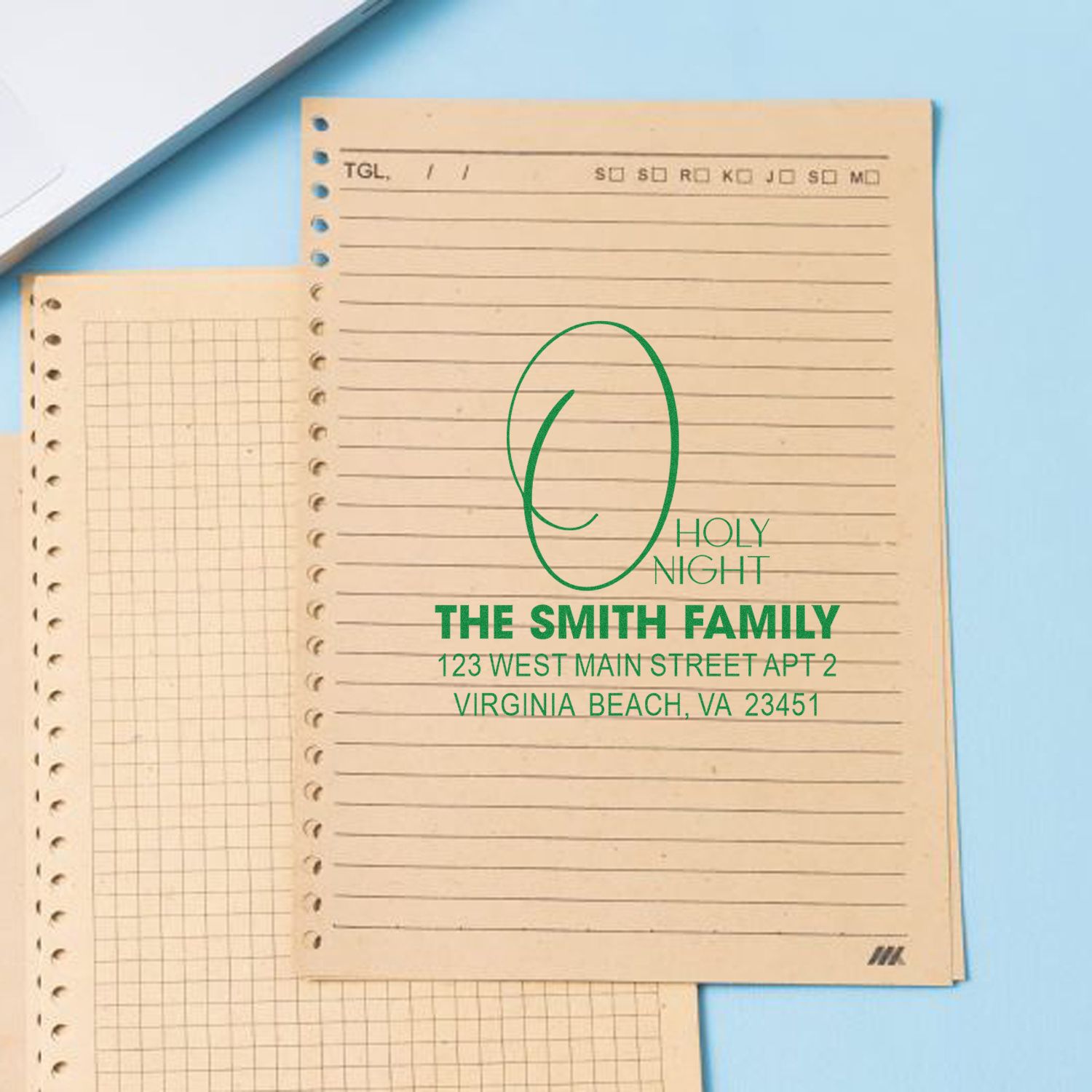 Custom return address rubber stamp for The Smith Family, Holy Night, Virginia Beach, VA on lined stationery.