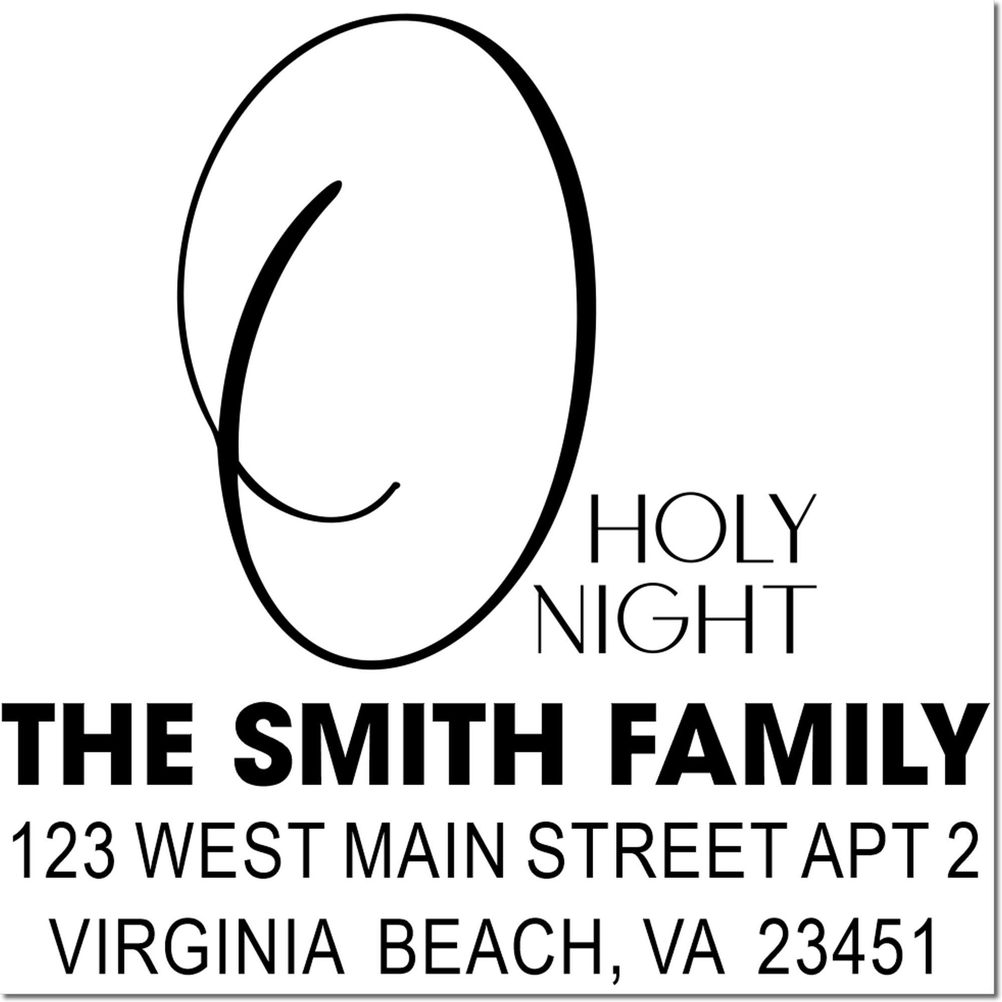 Custom holiday return address rubber stamp for The Smith Family, Holy Night design, Virginia Beach, VA 23451.