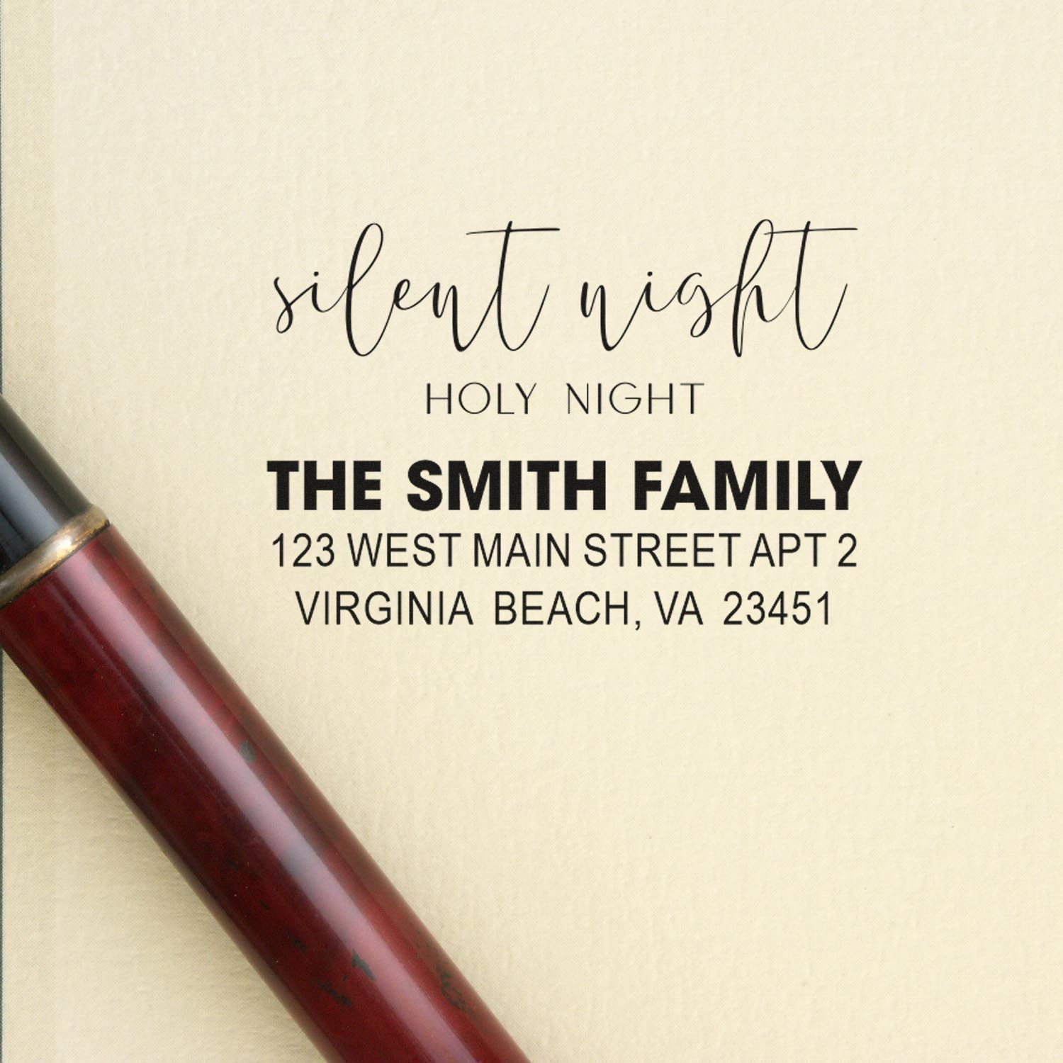 Personalized rubber address stamp with Silent Night greeting and The Smith Family return address