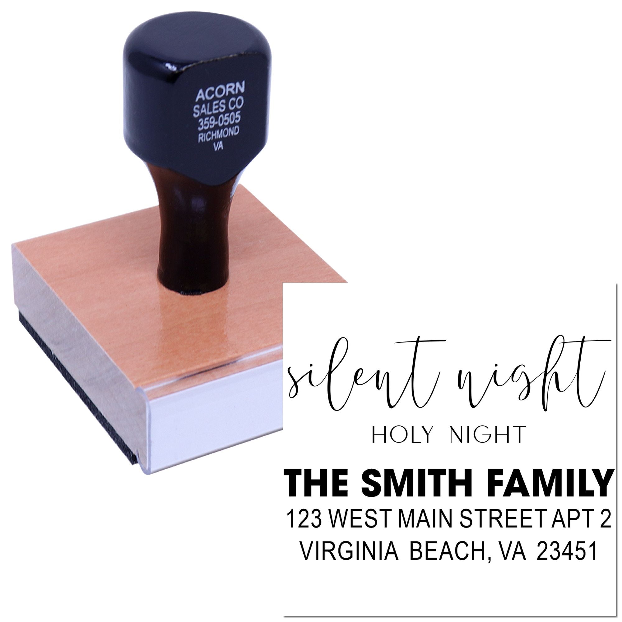 Custom holiday rubber stamp with Silent Night Holy Night and The Smith Family return address text.