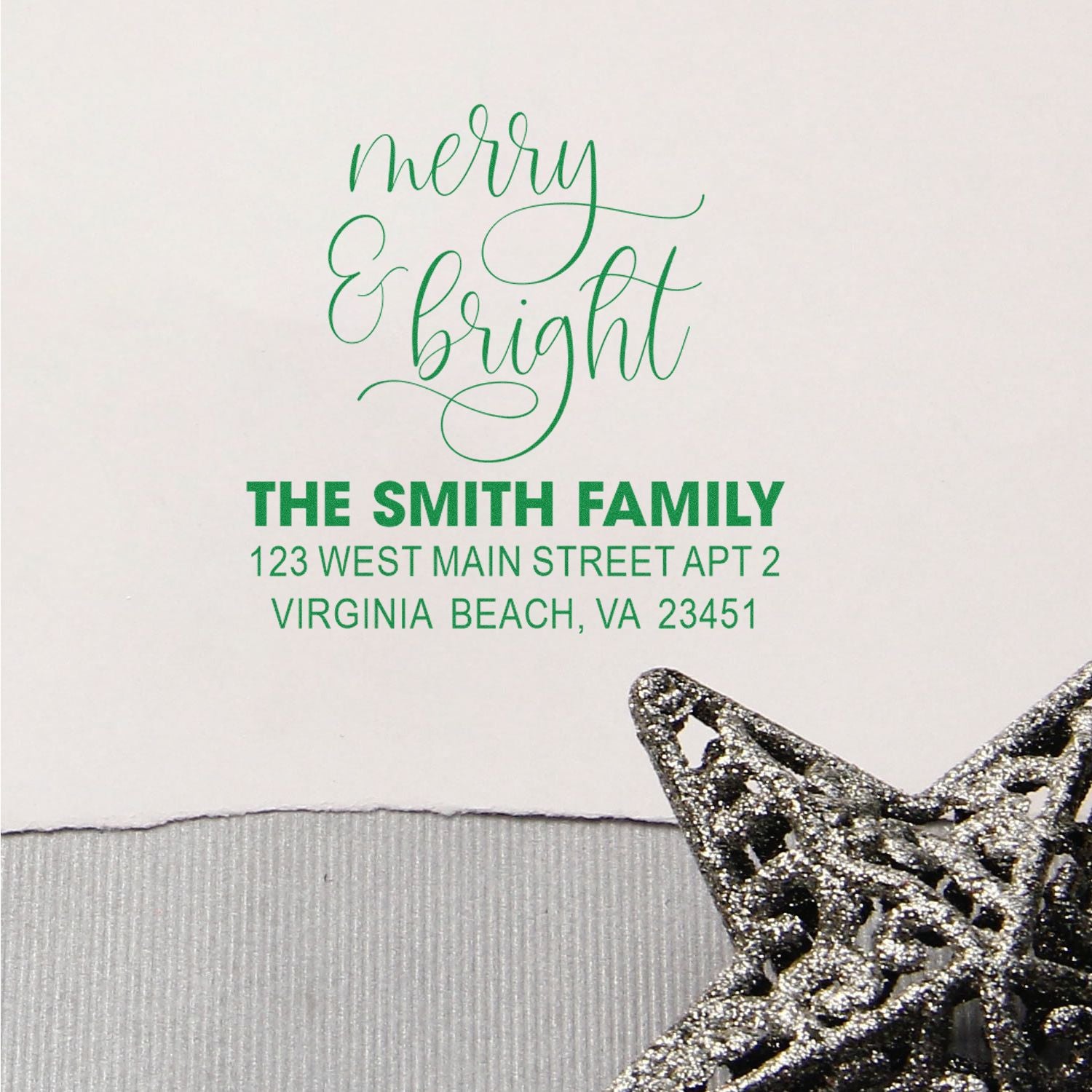 Merry & Bright custom holiday return address rubber stamp with The Smith Family, Virginia Beach, VA address.