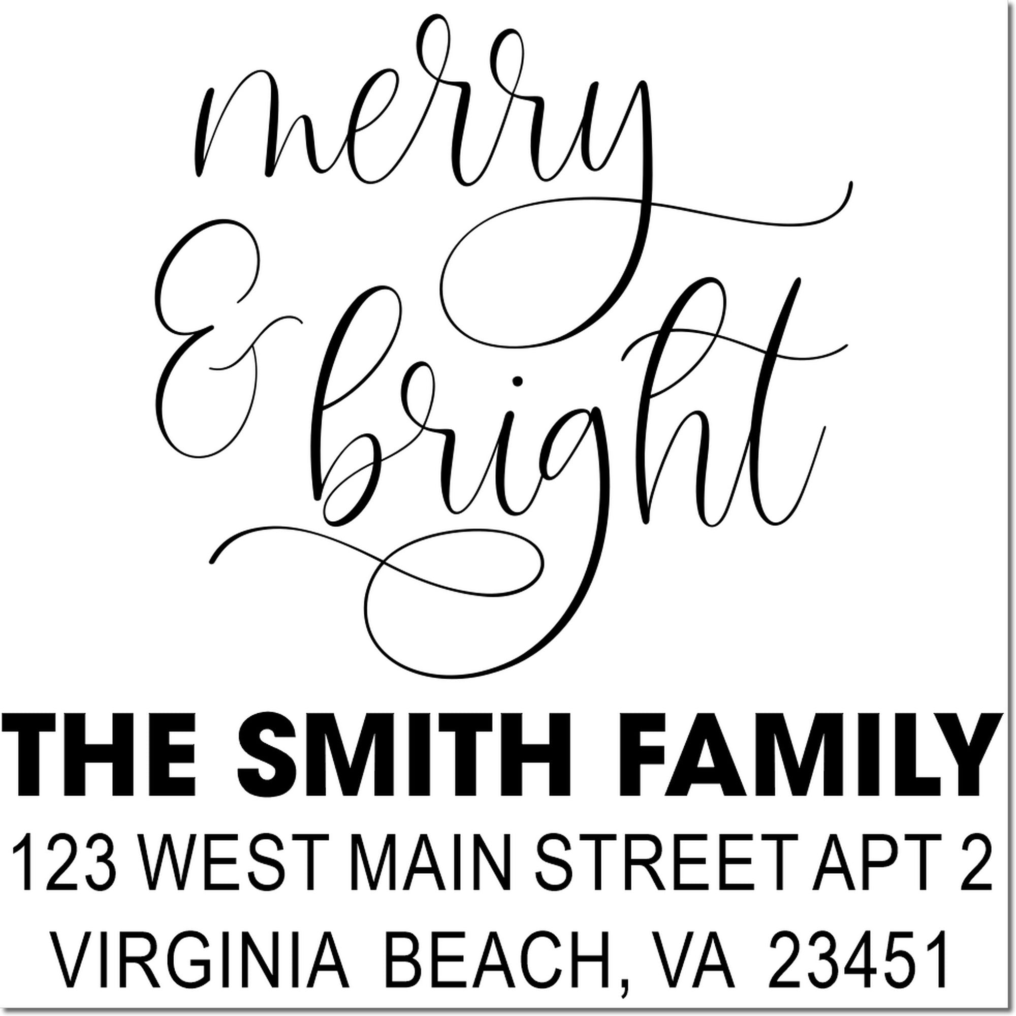 Custom Merry & Bright return address rubber stamp for holiday cards from The Smith Family, Virginia Beach, VA