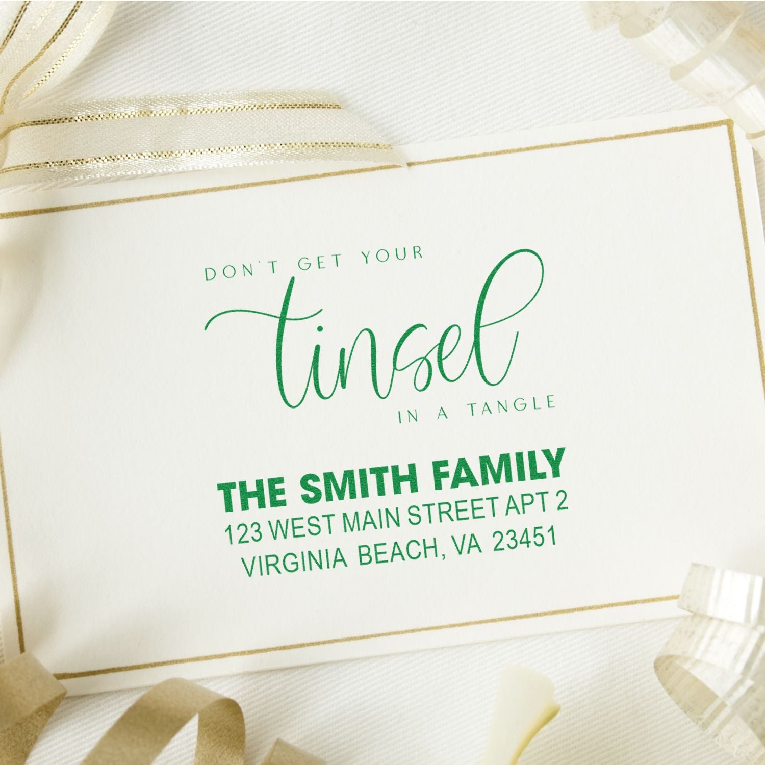 Personalized Christmas return address rubber stamp with Dont get your tinsel in a tangle holiday greeting for The Smith Family.