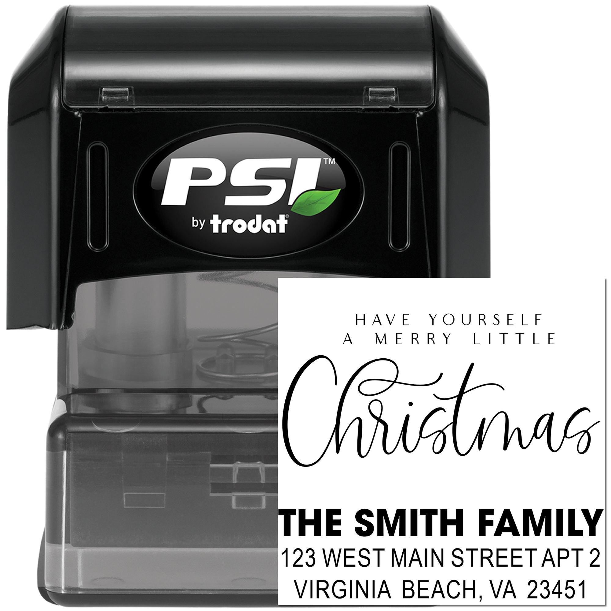 PSI by Trodat self-inking custom rubber stamp with Merry Christmas return address for holiday cards and seasonal mailings