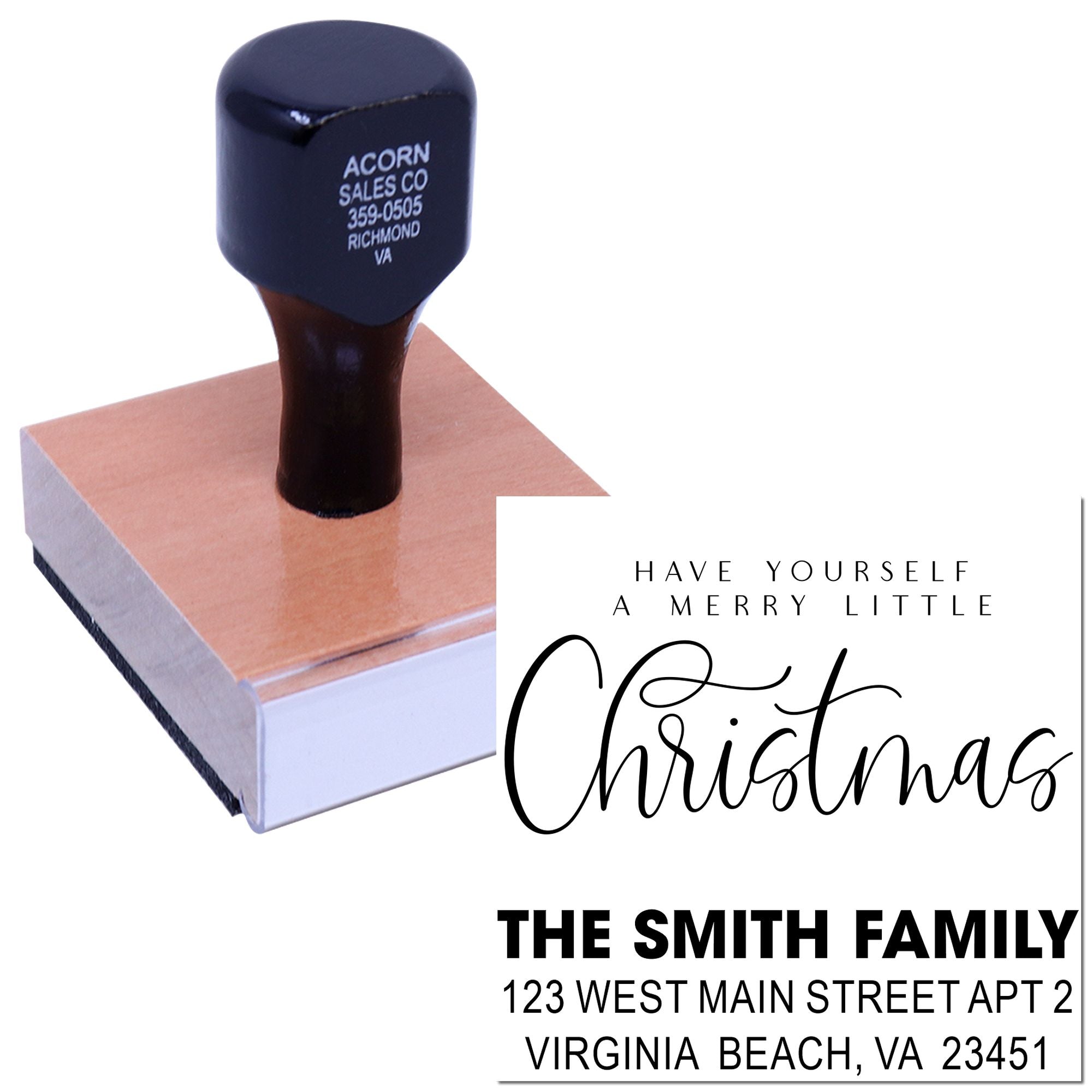 Personalized Christmas rubber stamp with holiday greeting and return address for festive cards and envelopes.