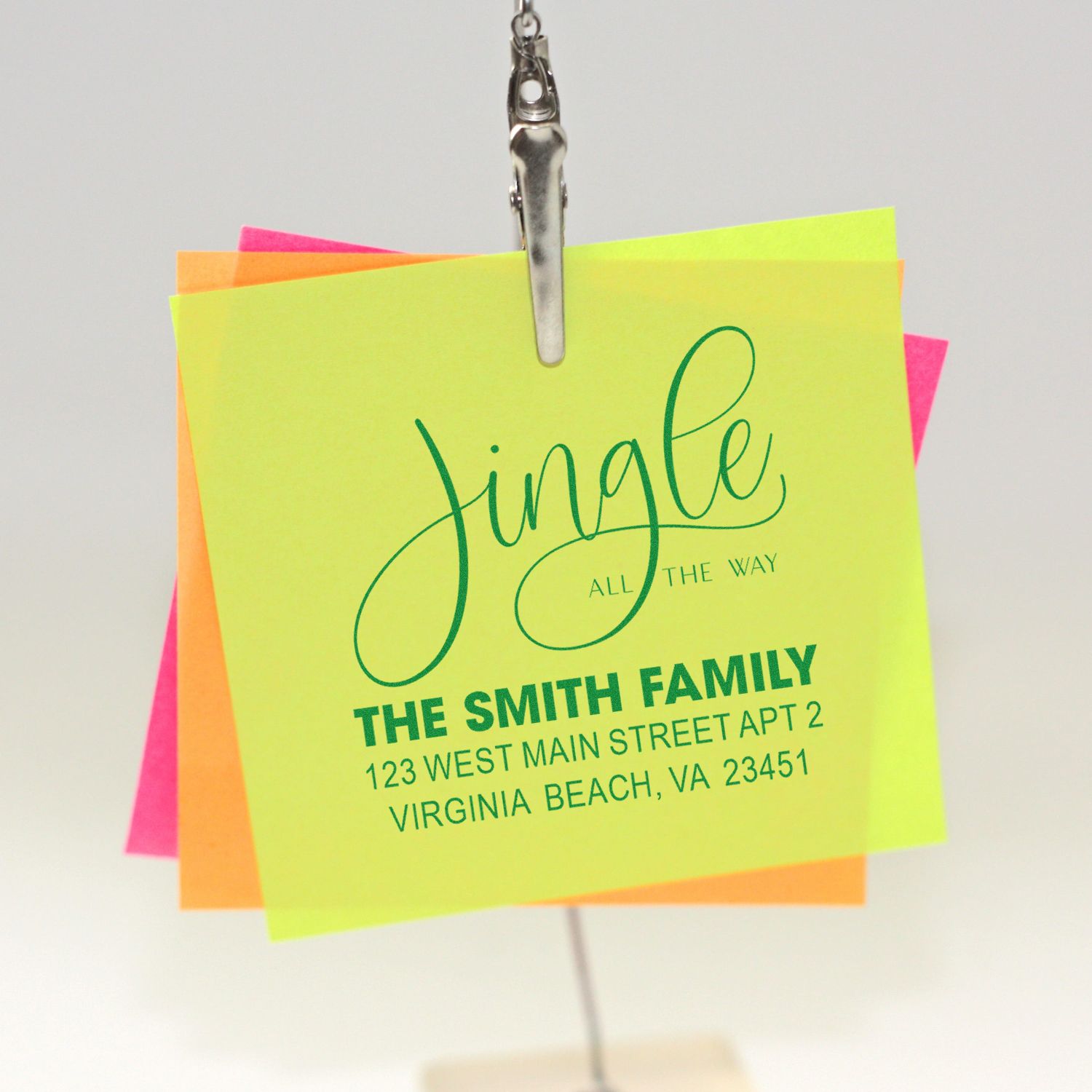 Custom return address rubber stamp with Single All the Way design on bright sticky notes.