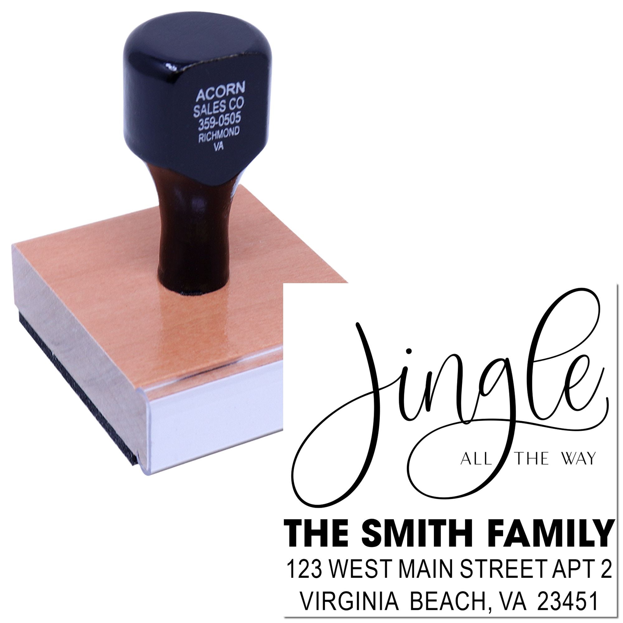 Custom rubber stamp with Jingle All the Way family return address design for holiday mailings.