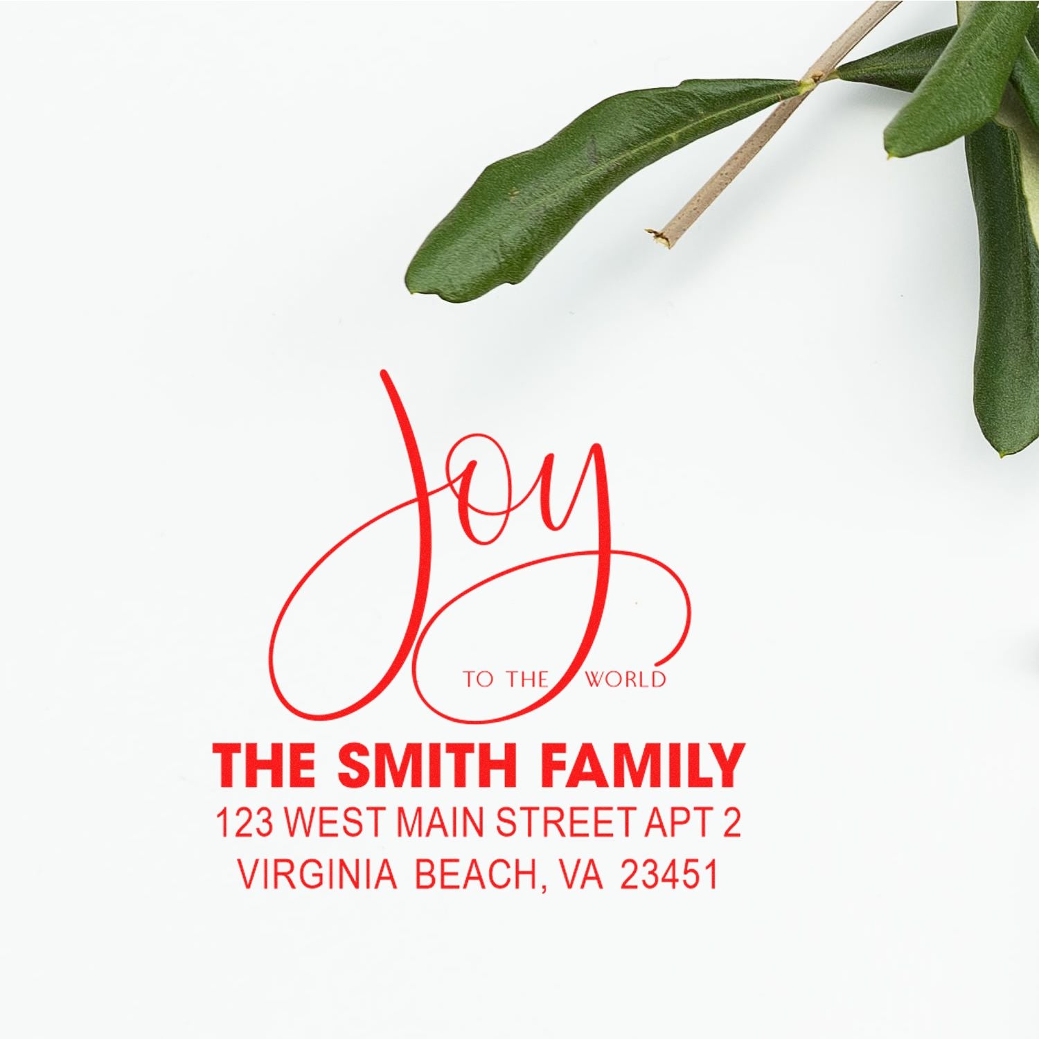 Custom holiday family address rubber stamp with Joy to the World design for The Smith Family, Virginia Beach, VA.