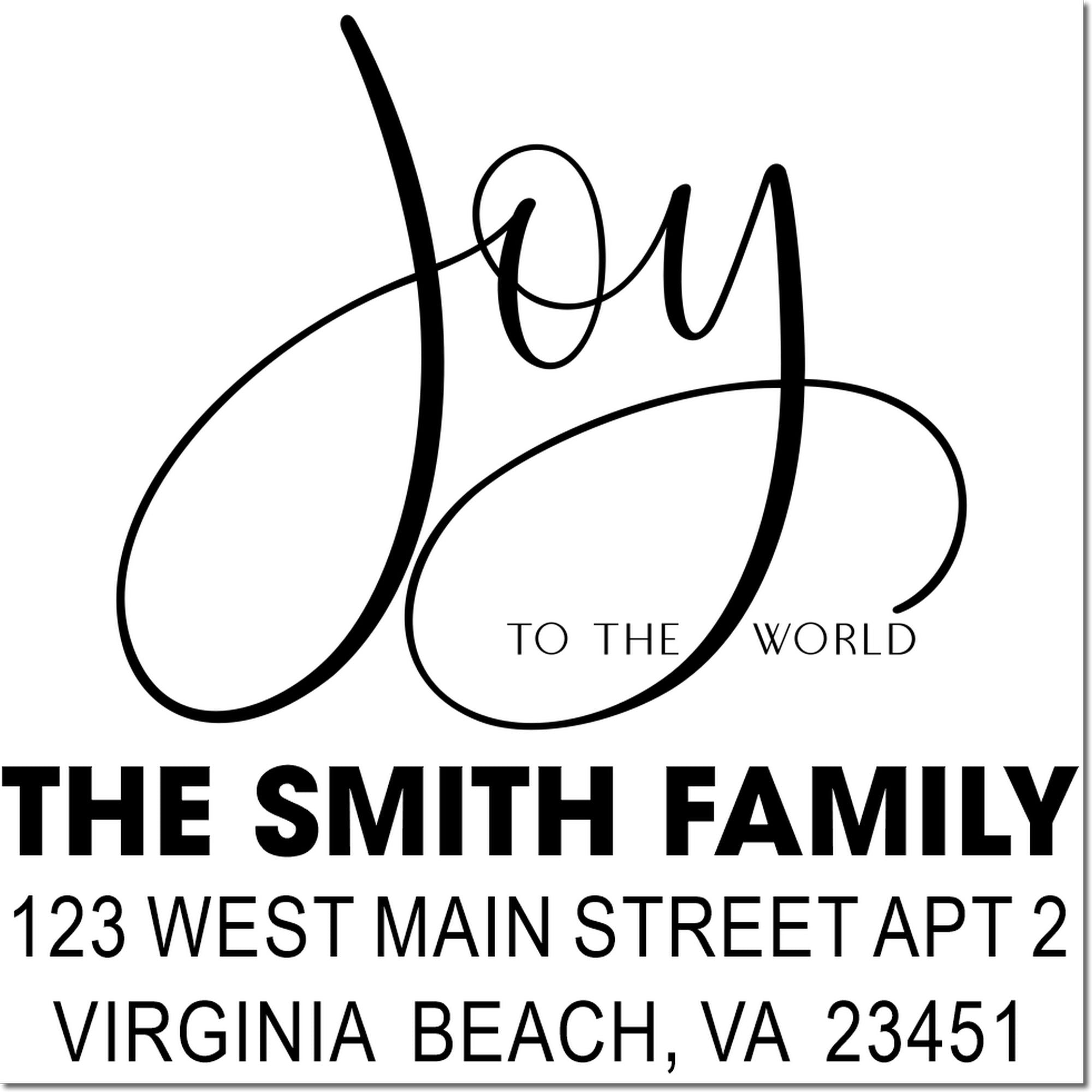 Custom return address rubber stamp for The Smith Family, Joy to the World design, Virginia Beach, VA 23451