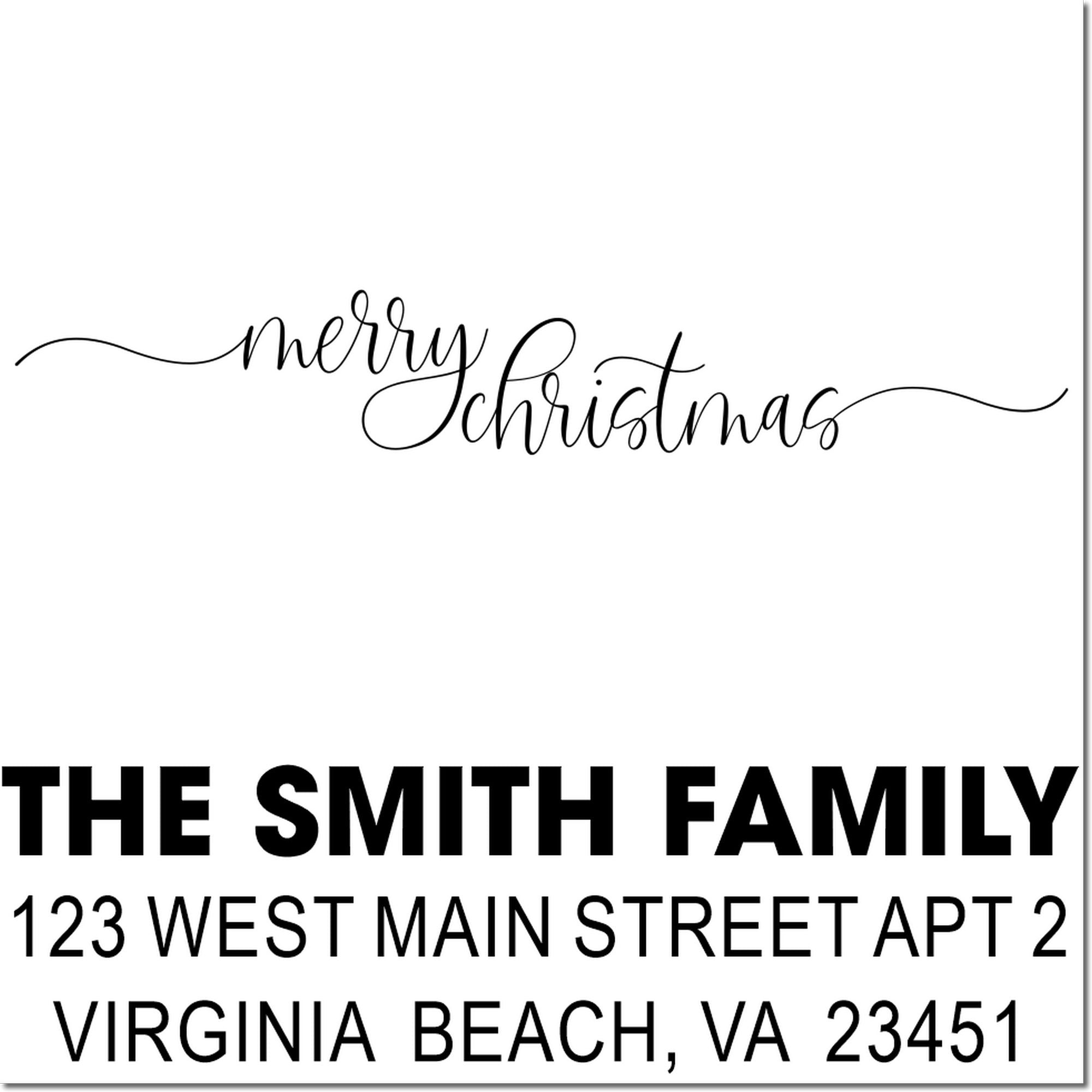 Holiday rubber stamp designs with Merry Christmas script and custom address stamp for The Smith Family, Virginia Beach, VA.