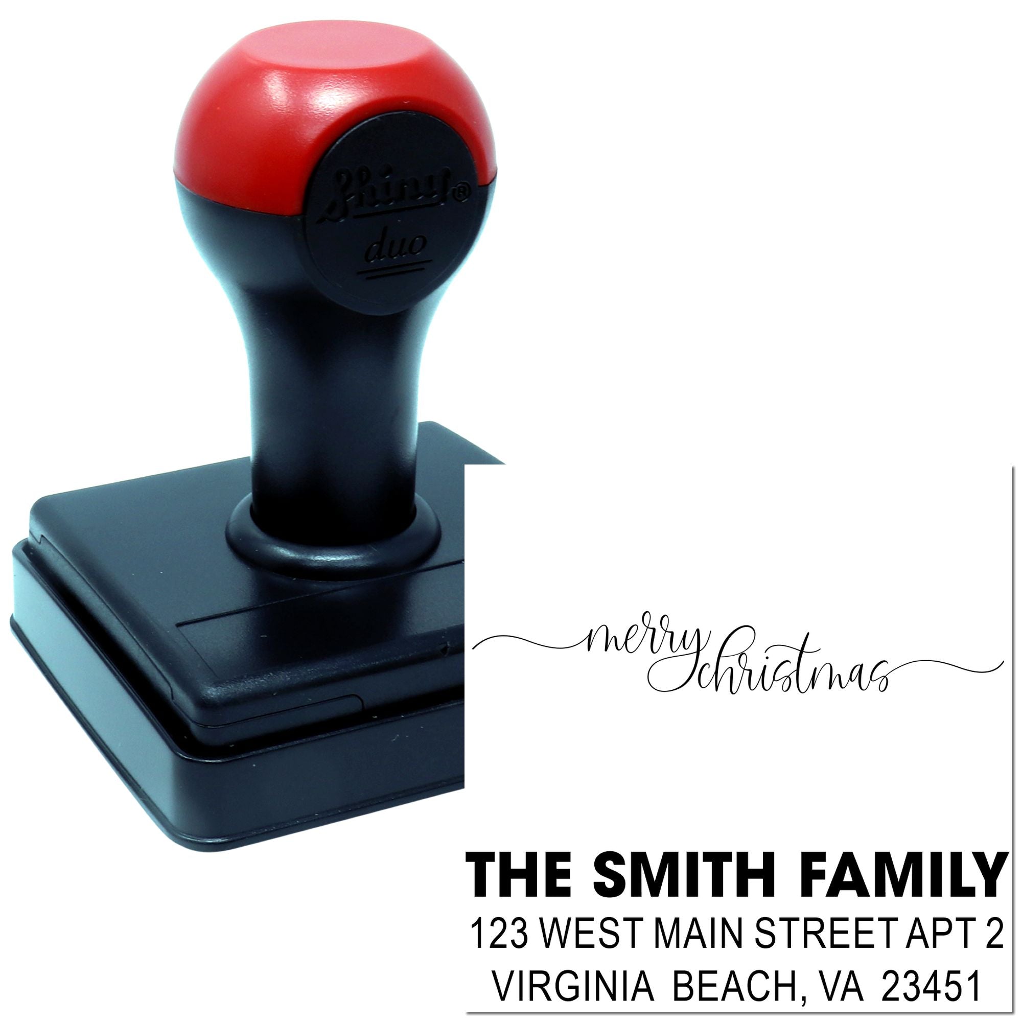 Custom self-inking rubber stamp for holiday cards and return addresses, featuring Merry Christmas and family name design.