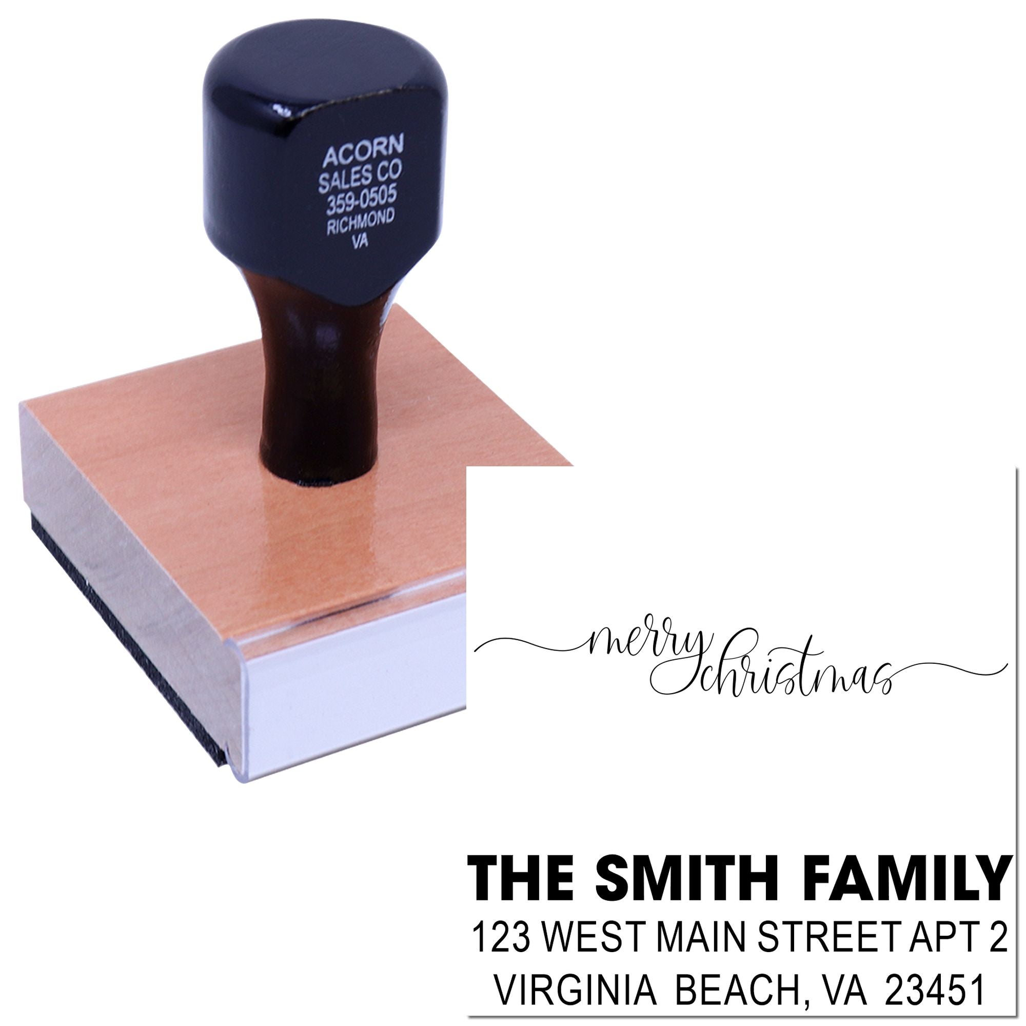 Custom wood rubber stamp for holiday cards, featuring Merry Christmas script and a return address imprint.