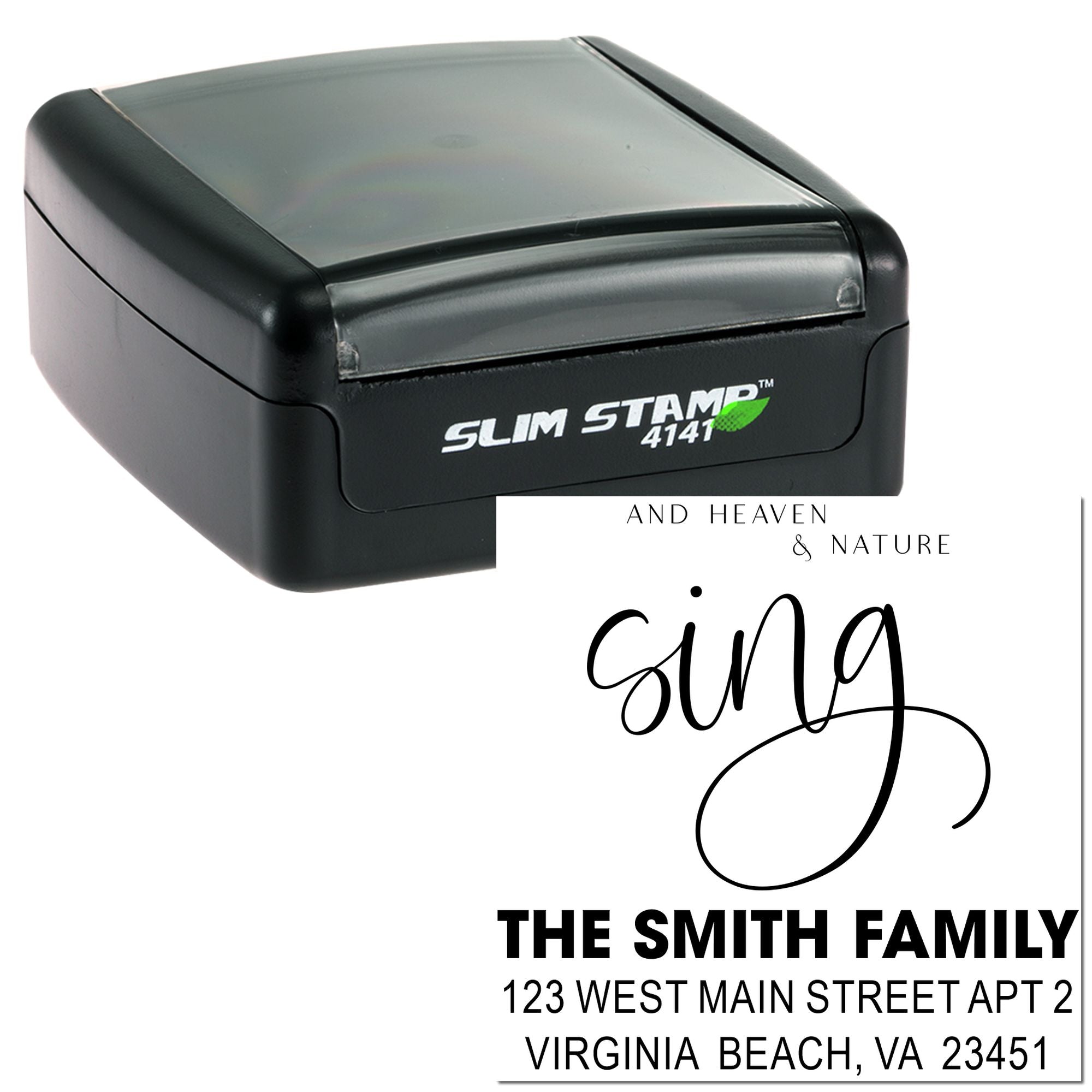 Custom self-inking address rubber stamp with family name, ideal for personalized envelopes and mailings.