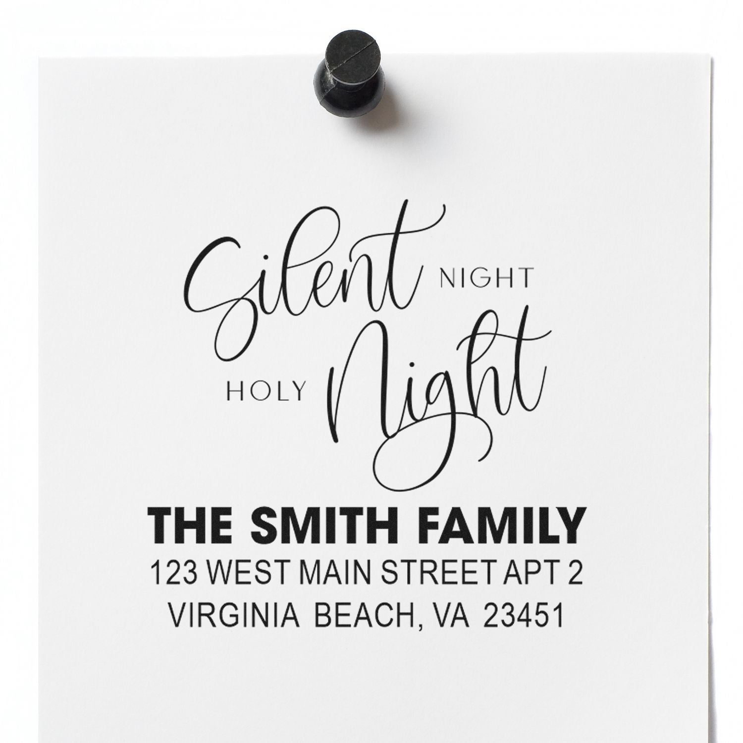 Custom holiday rubber stamp with Silent Night Holy Night design and The Smith Family return address for Christmas cards