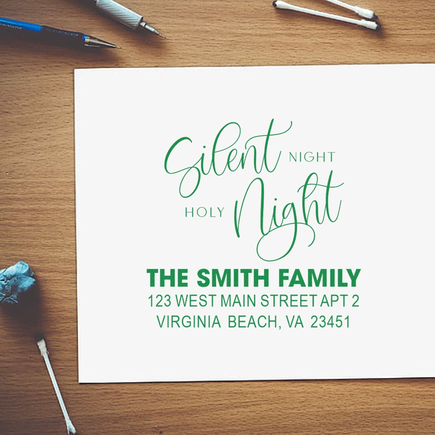 Custom Christmas address rubber stamp with Silent Night Holy Night design and The Smith Family return address.