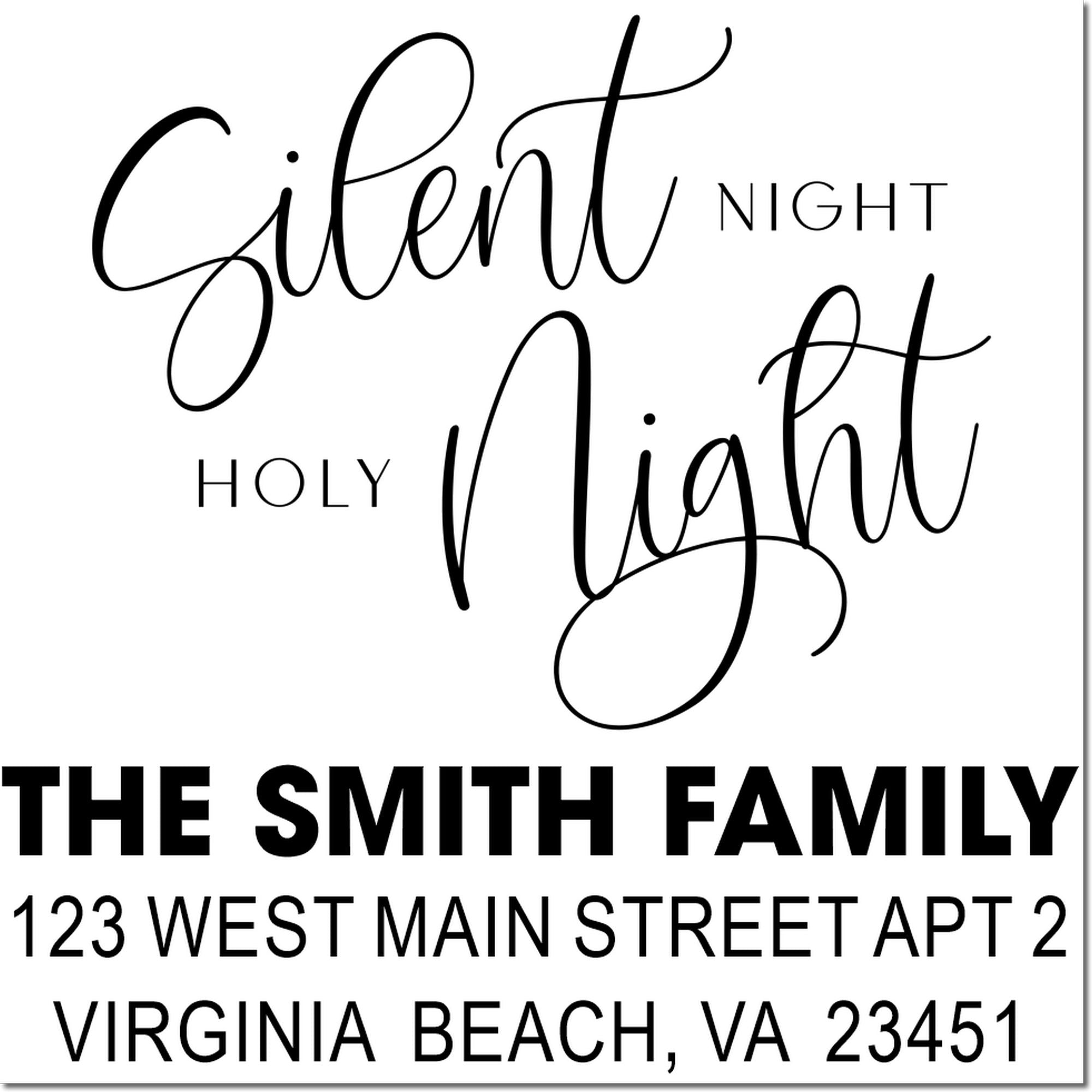 Custom Silent Night Holy Night holiday return address rubber stamp for The Smith Family, Virginia Beach, VA 23451