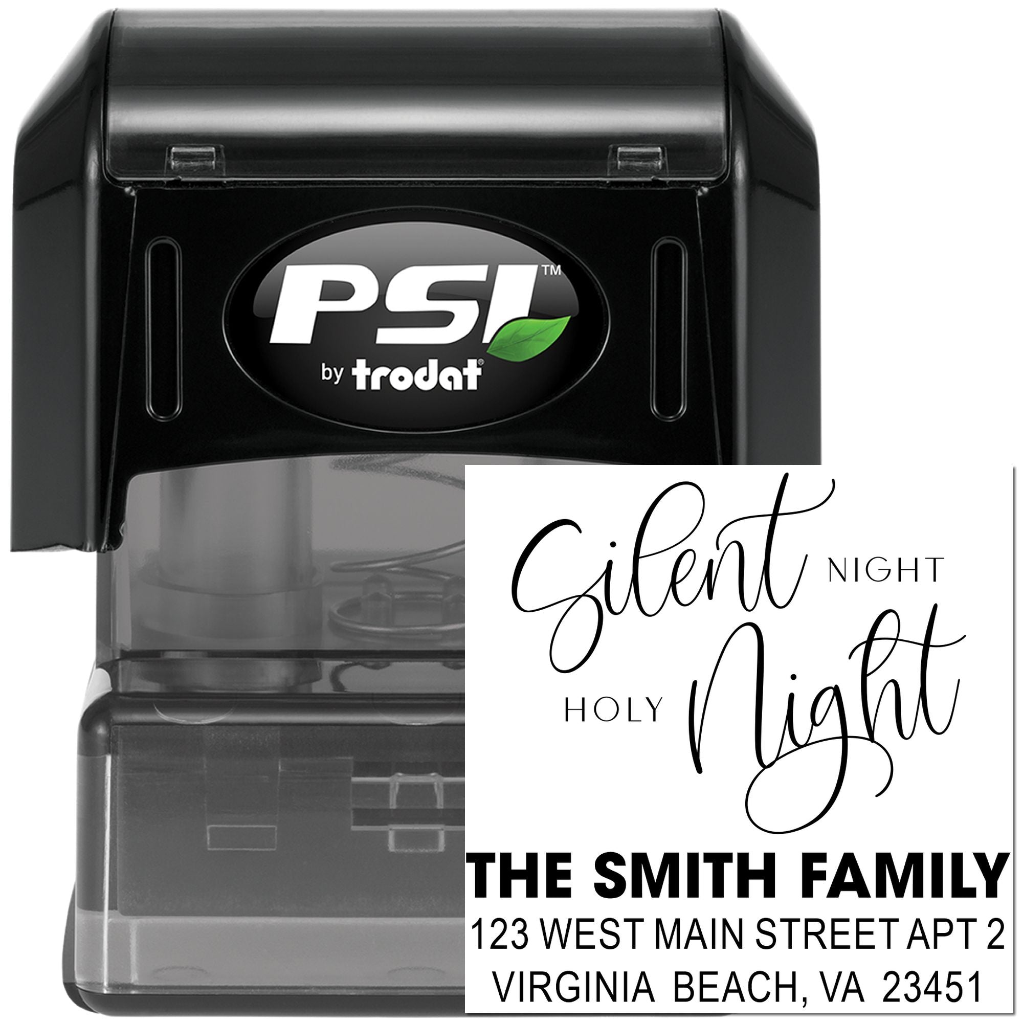 PSI by Trodat custom self-inking rubber stamp with Silent Night Holy Night and family address for holiday mailing