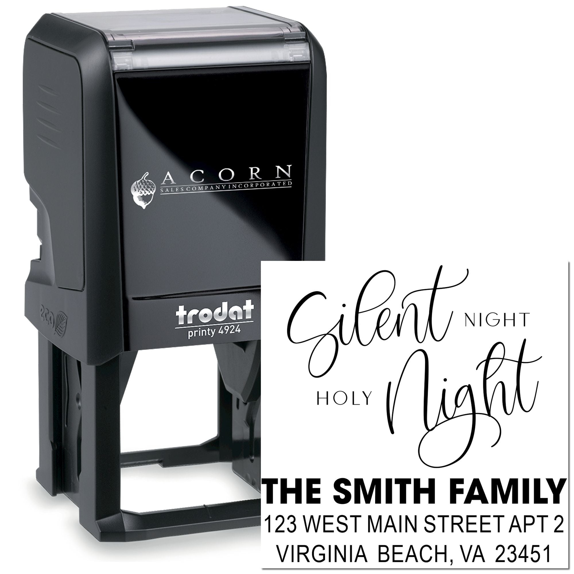 Custom self-inking rubber stamp with Silent Night, Holy Night, family name and address for Christmas cards and mailings.