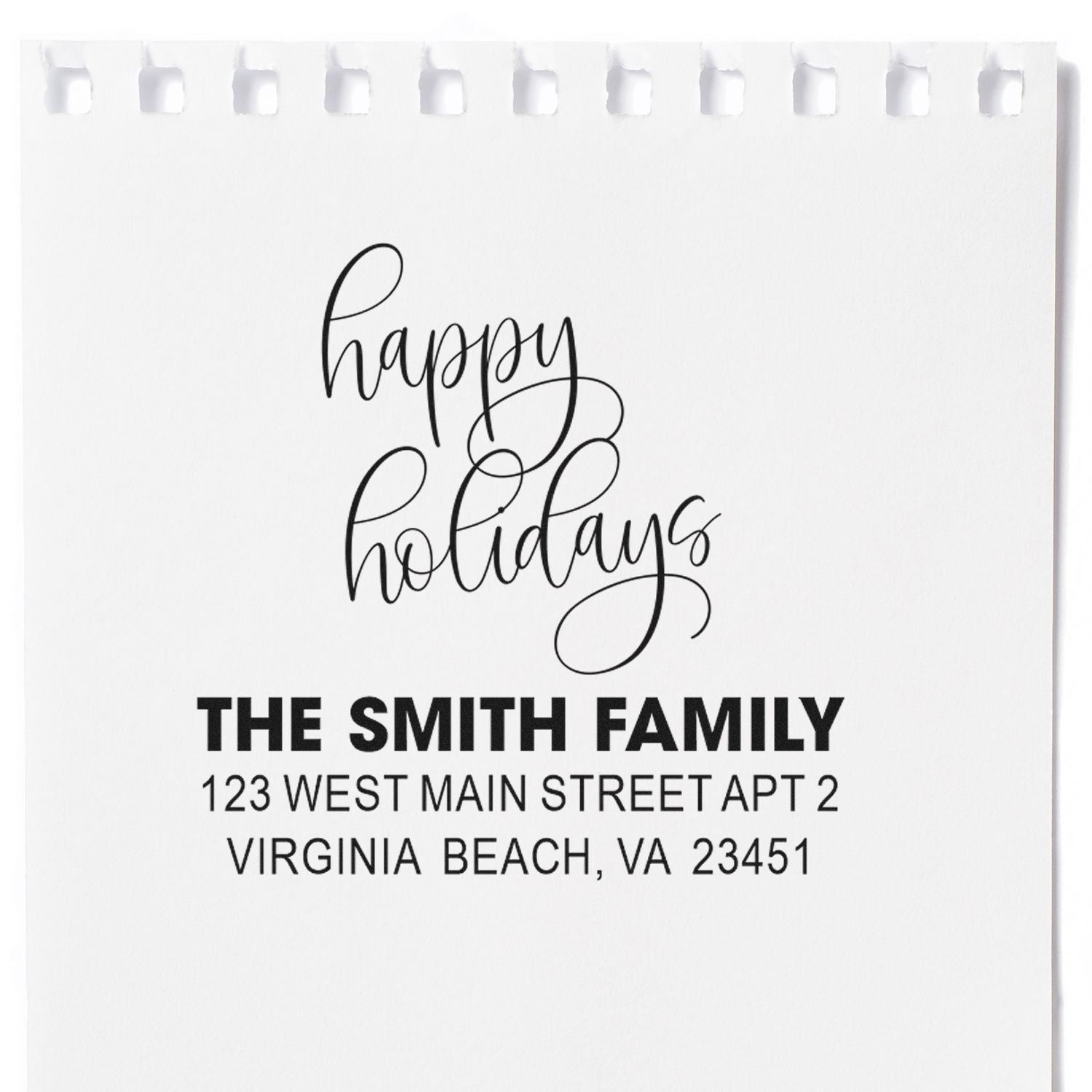 Personalized Happy Holidays return address rubber stamp for The Smith Family with Virginia Beach, VA mailing address.