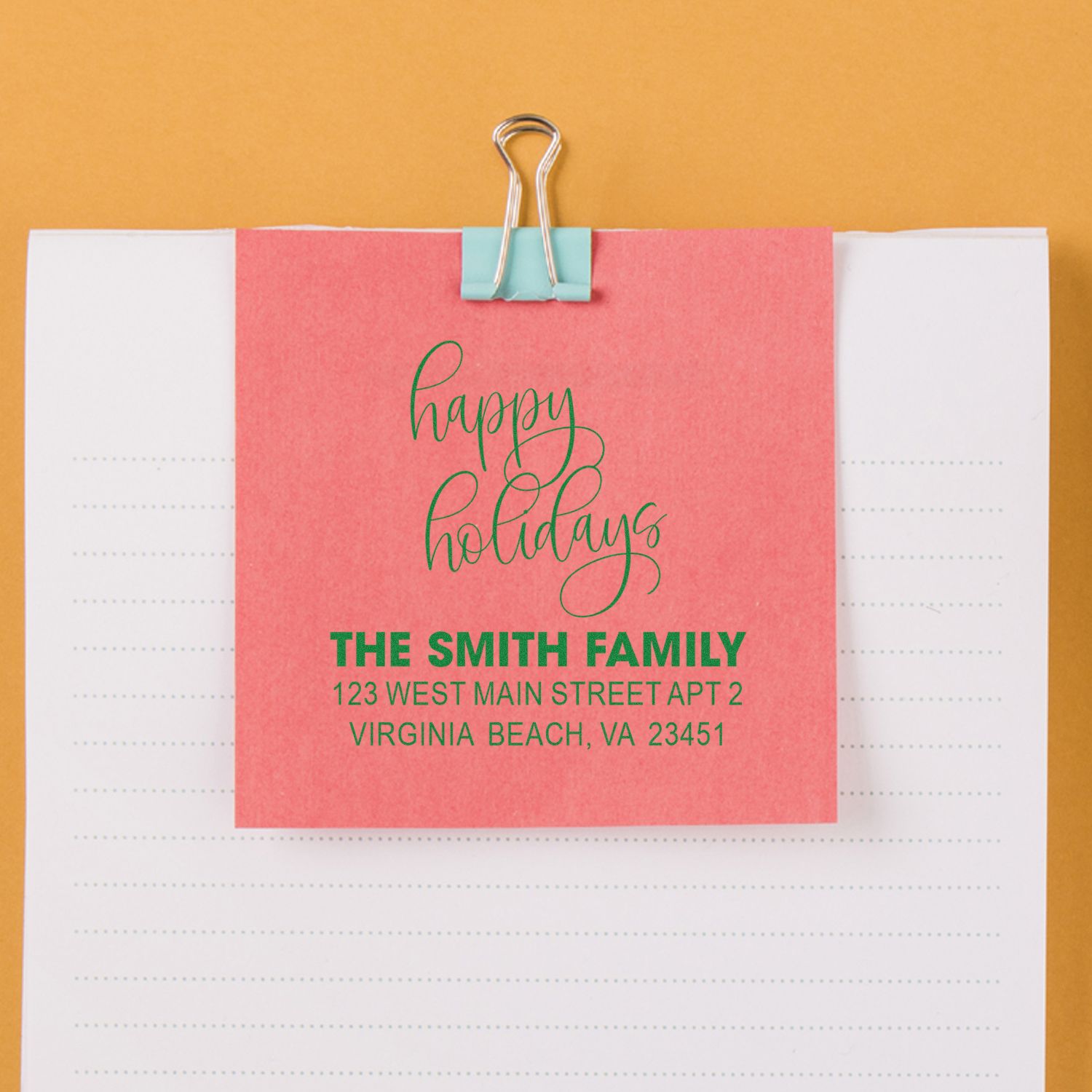 Custom holiday return address rubber stamp with Happy Holidays and Smith family address for festive mailings.