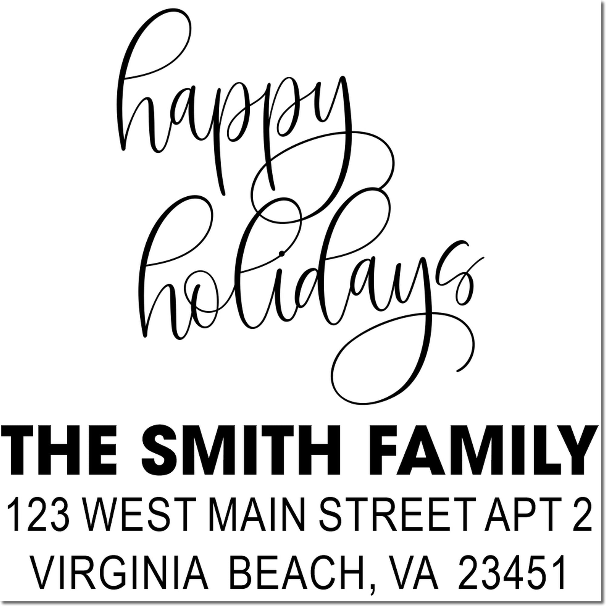 Custom Happy Holidays rubber stamp with The Smith Family return address, Virginia Beach VA, for holiday mailing.