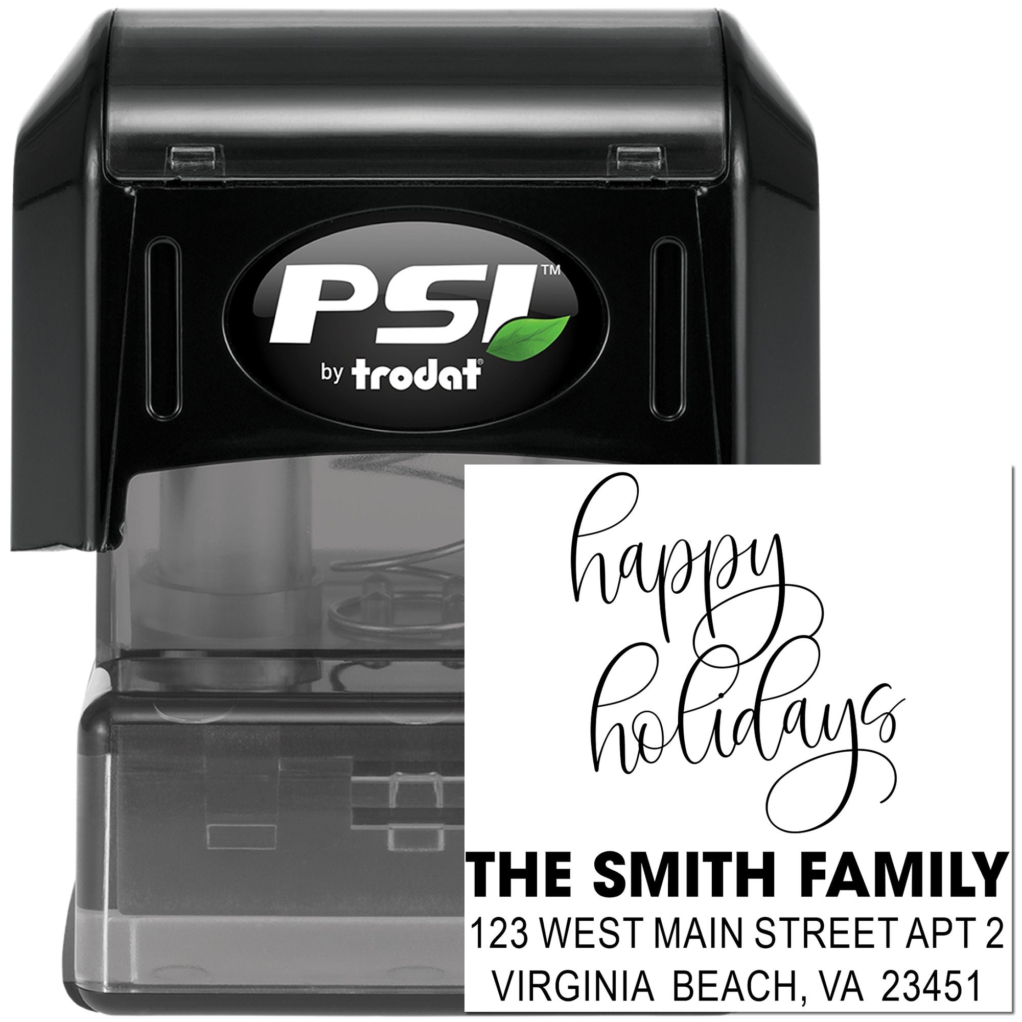 Custom self-inking rubber stamp by PSI Trodat with Happy Holidays and address imprint for personalized mailing labels.