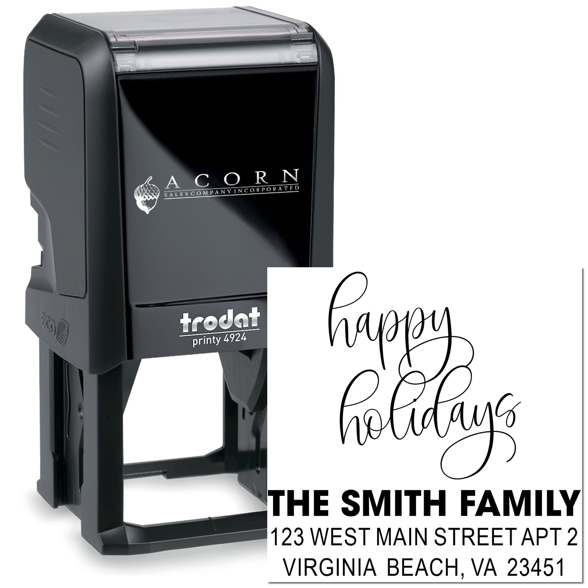 Trodat Printy custom self-inking rubber stamp with Happy Holidays design and Smith family return address for holiday cards