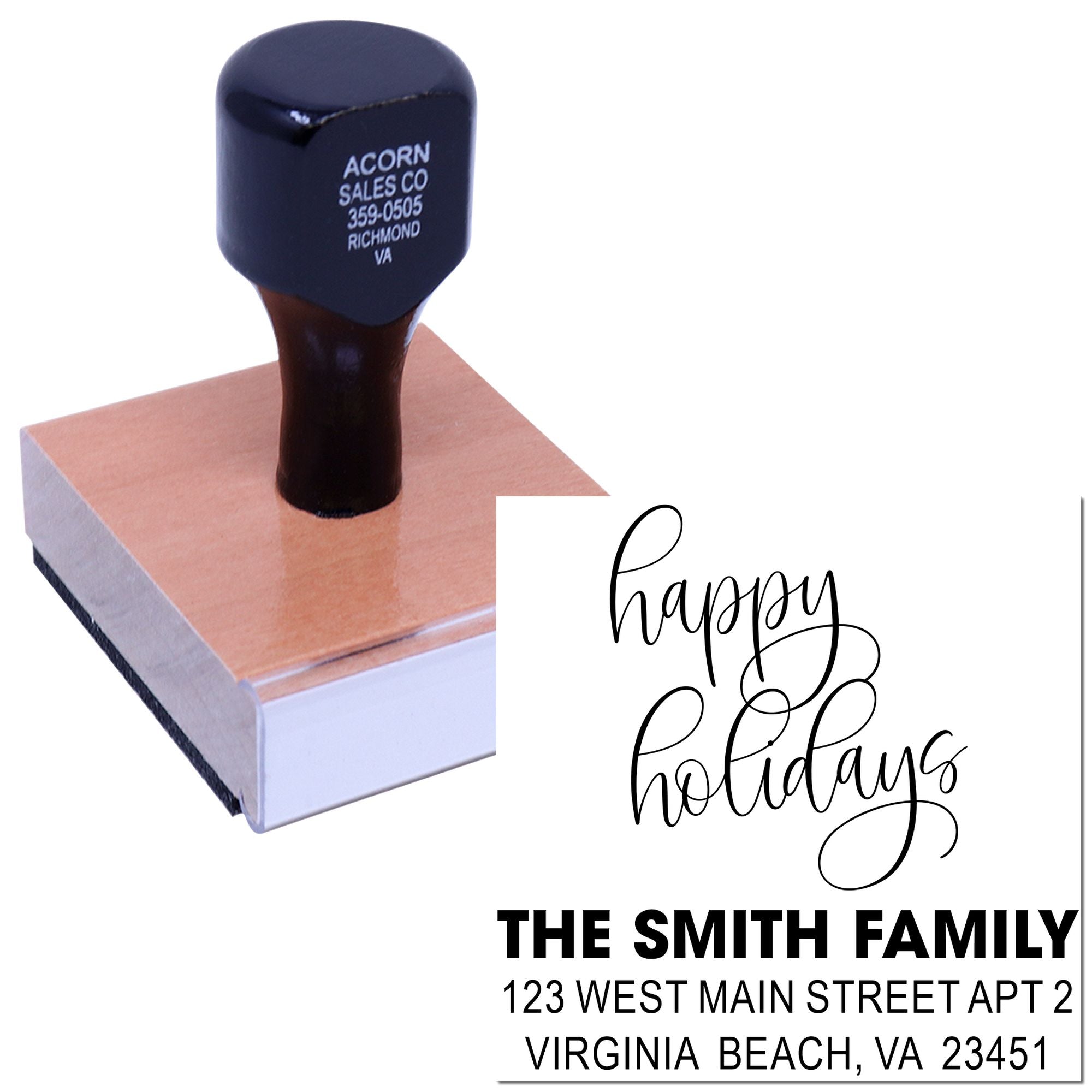 Custom rubber stamp for holiday cards, featuring Happy Holidays and a family return address.