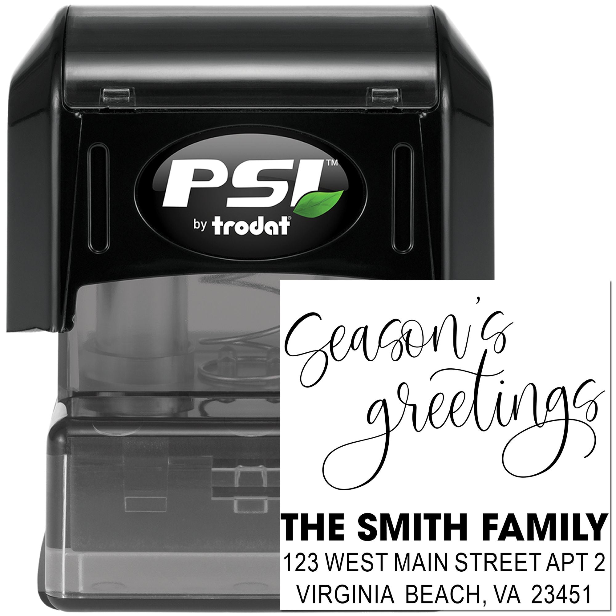 Custom self-inking rubber address stamp with seasonal greetings and Smith family return address, PSI by Trodat.