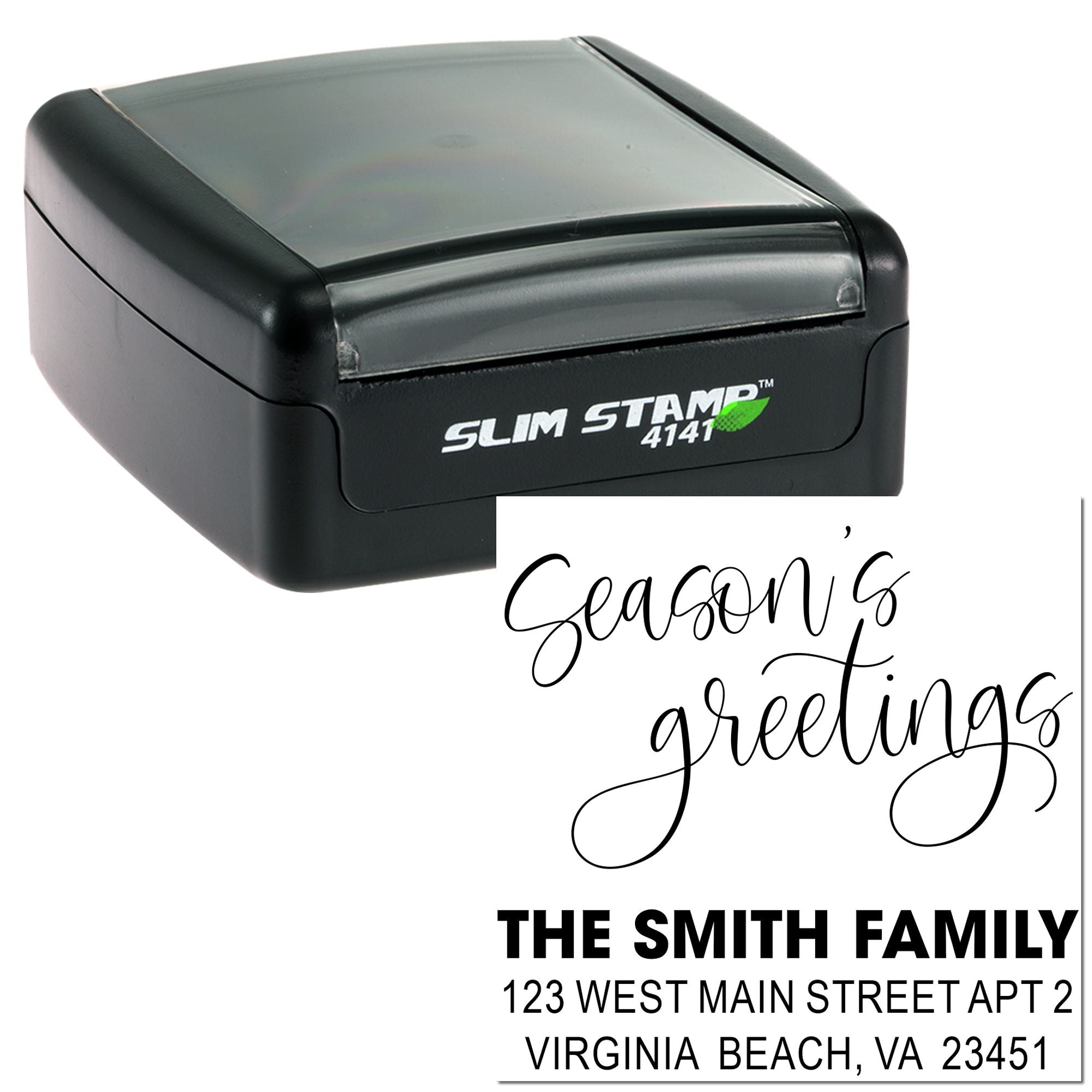 Custom self-inking Slim Stamp 4141 holiday rubber stamp with "Season's Greetings" and Smith family address design.