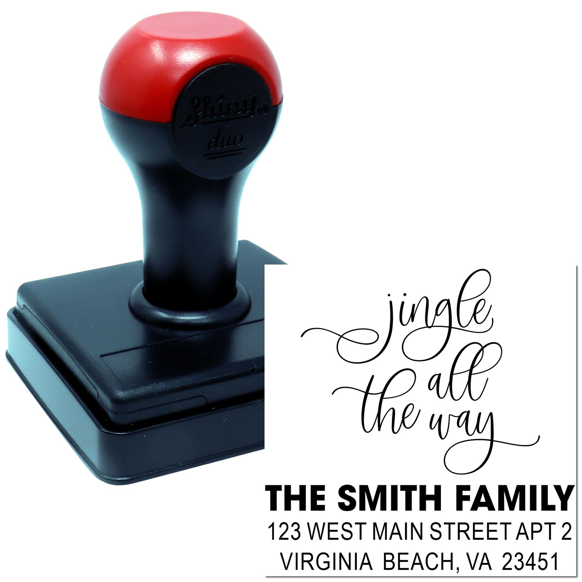 Custom self-inking rubber address stamp with Jingle All the Way design for The Smith Family.