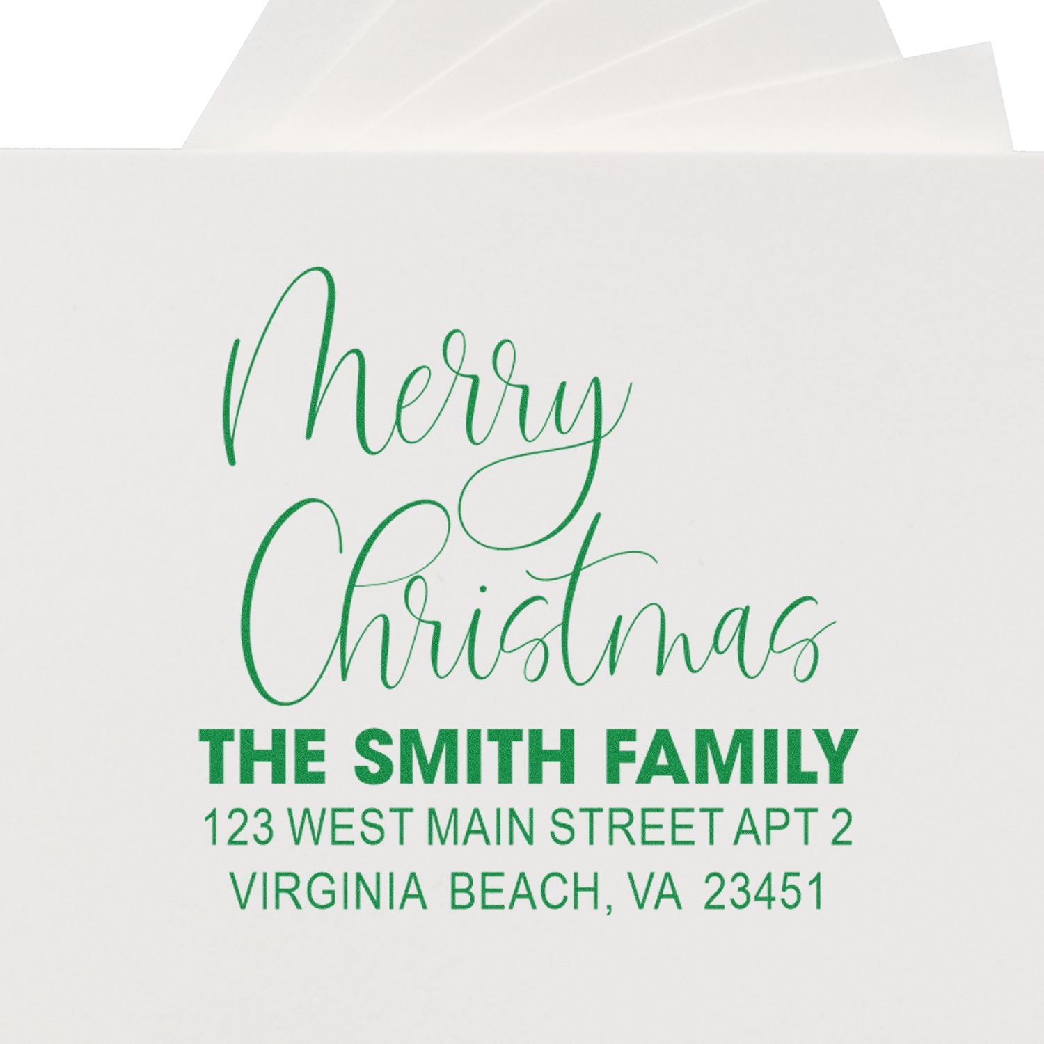 Custom Merry Christmas return address rubber stamp for holiday envelopes, The Smith Family, Virginia Beach, VA.
