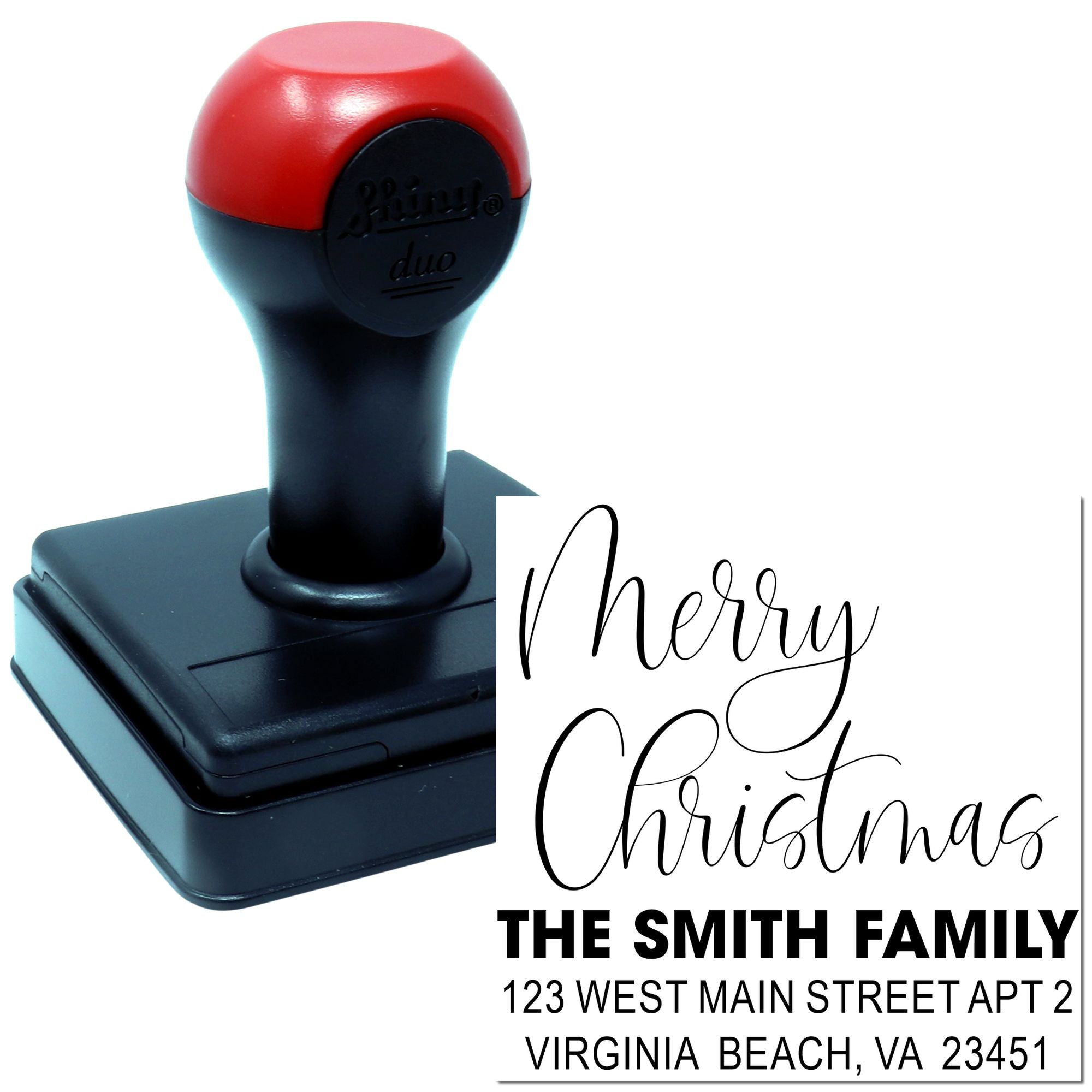Custom self-inking Christmas rubber stamp with return address for The Smith Family holiday cards in Virginia Beach, VA
