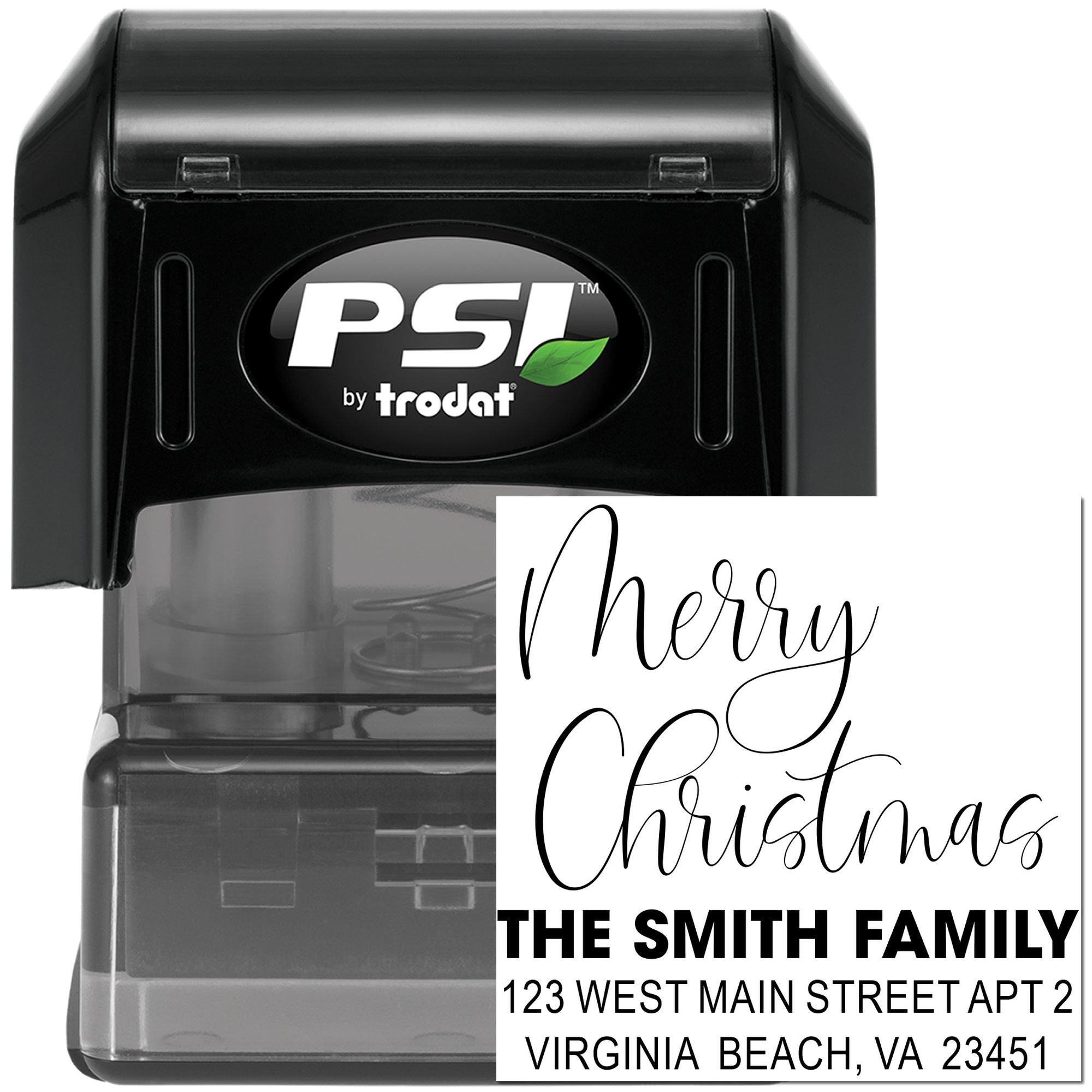 Personalized Christmas return address rubber stamp with family name and Virginia Beach address, PSI by Trodat self-inking stamp.