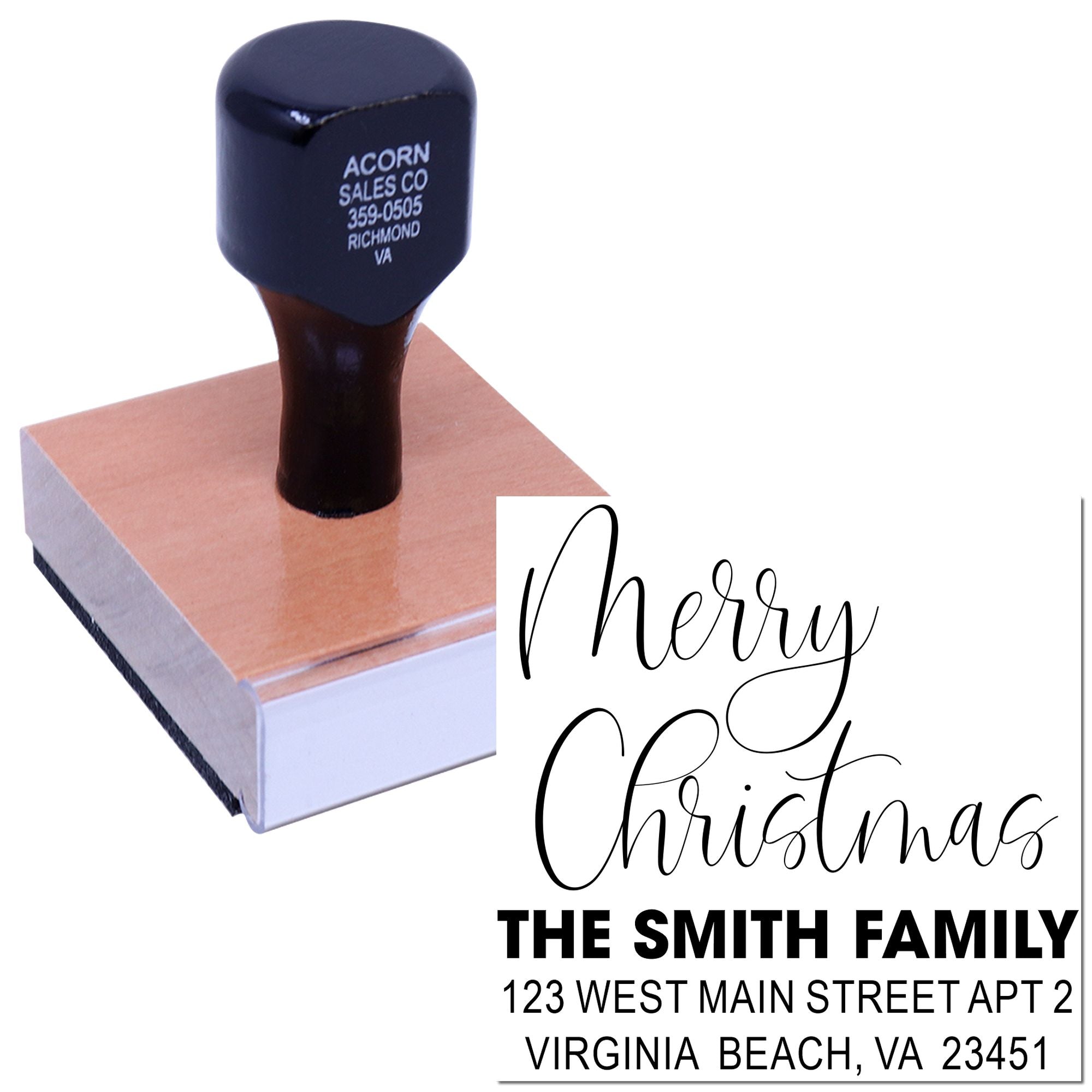 Custom self-inking rubber address stamp with Merry Christmas greeting and family return address design.