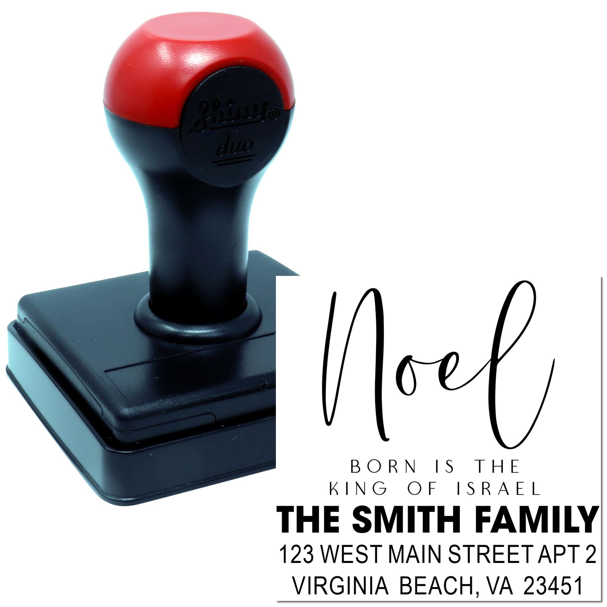 Personalized rubber address stamp with family name and Noel design for custom mailing and return address use.