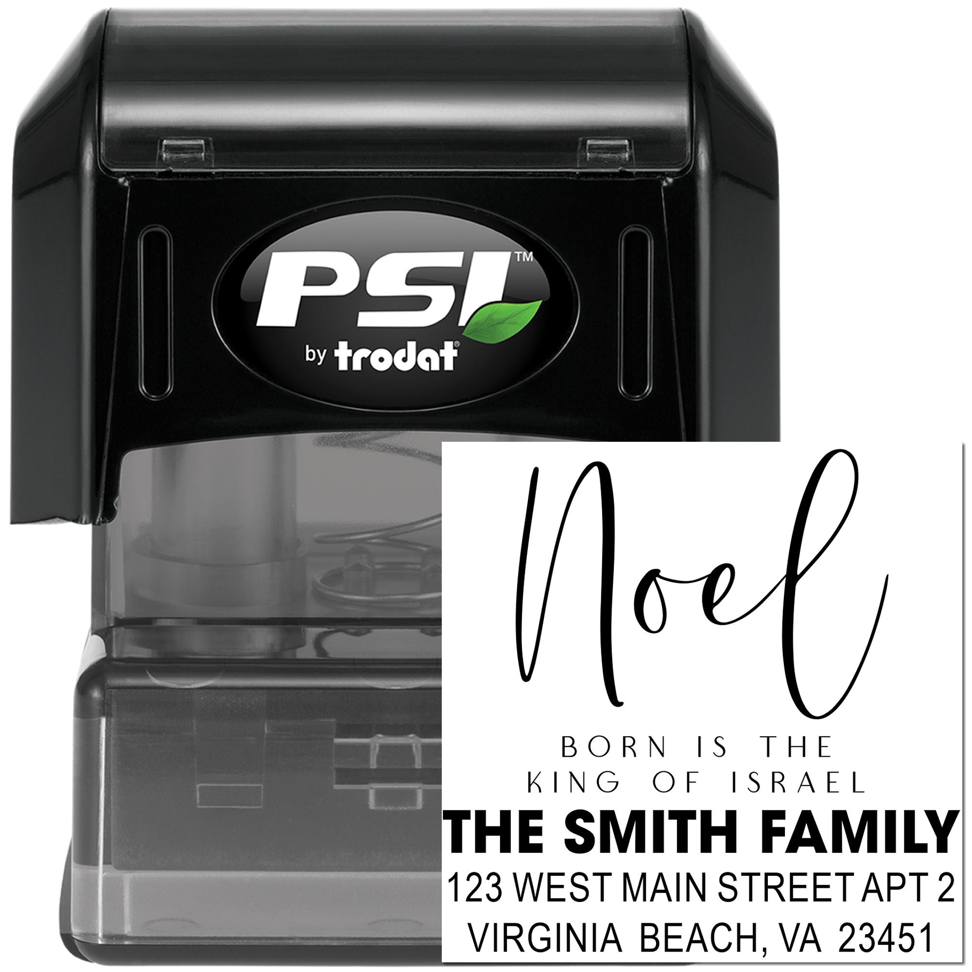 PSI by Trodat self-inking custom address rubber stamp with Noel family design for personalized holiday mail.