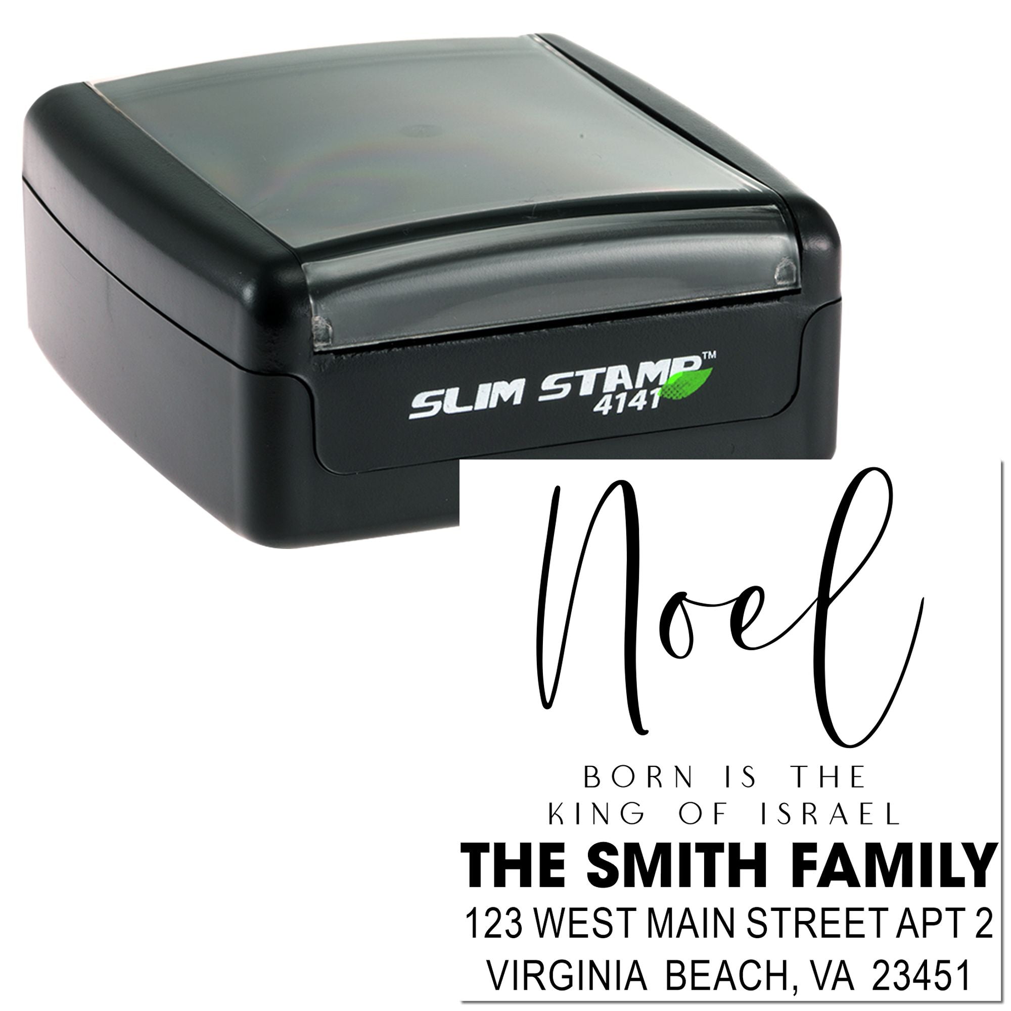 Custom slim self-inking rubber stamp for return addresses, shown with a Noel name design and family mailing address.