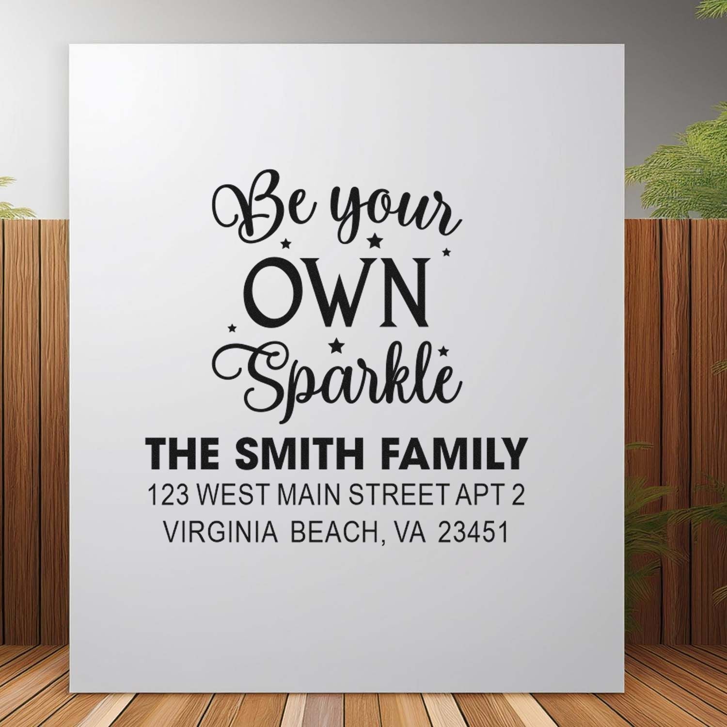 Custom return address rubber stamp with Be Your Own Sparkle design for The Smith Family, Virginia Beach, VA.