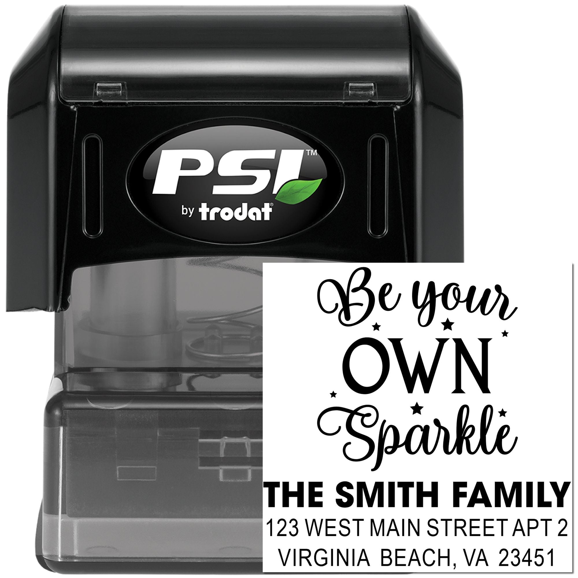 Custom self-inking rubber stamp with Be Your Own Sparkle return address for The Smith Family, Virginia Beach, VA.