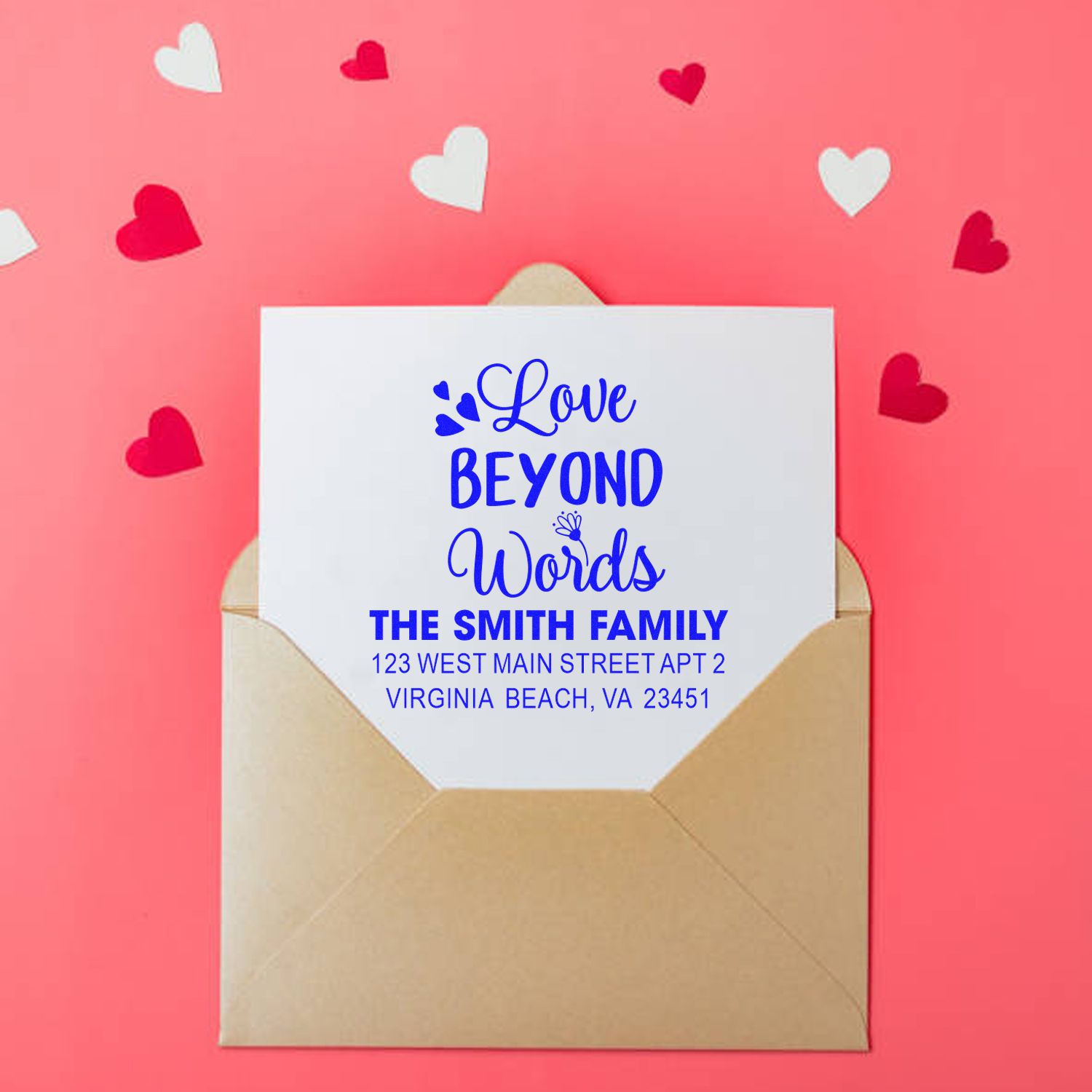 Personalized address rubber stamp with Love Beyond Words design for family envelopes, weddings, and Valentine mailings.