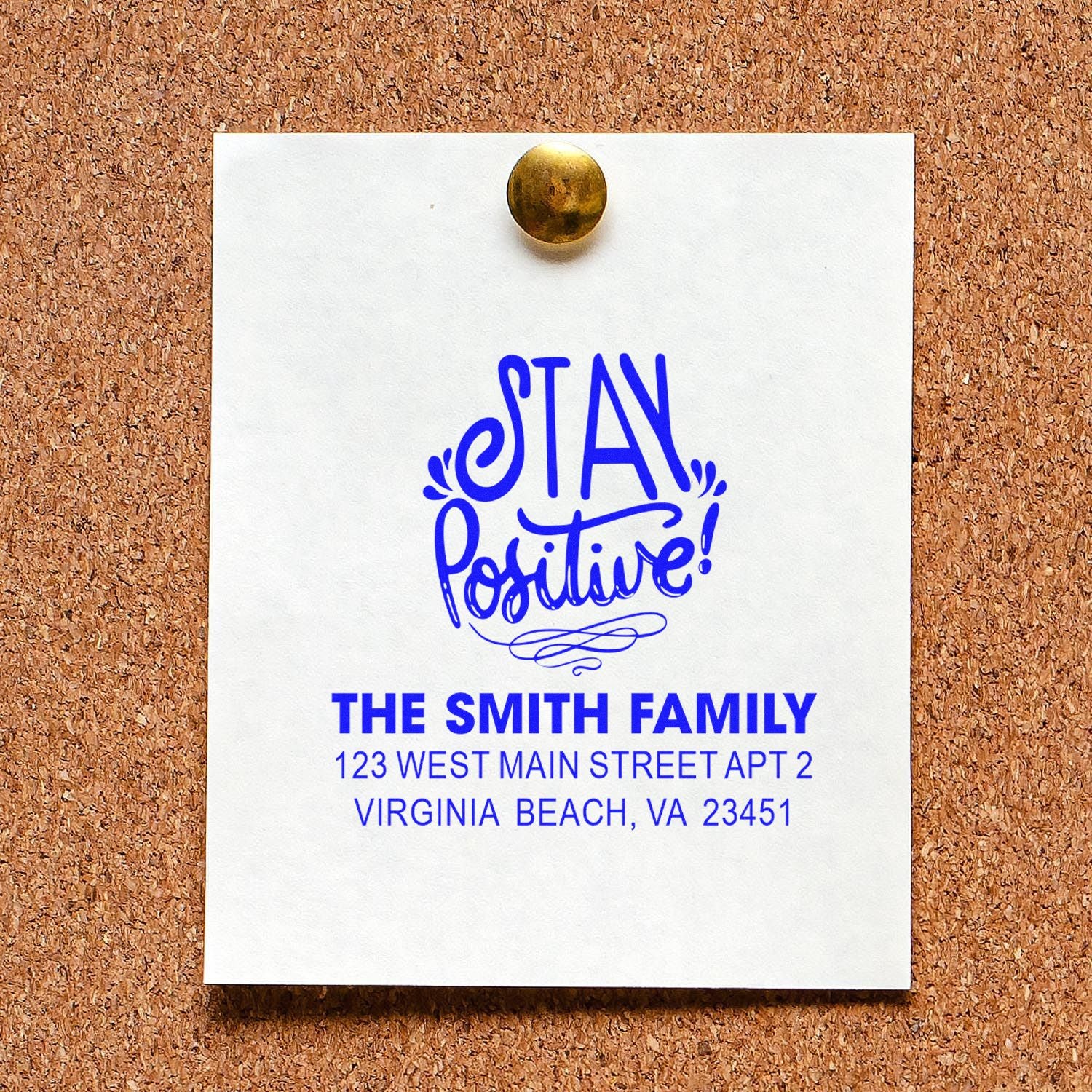 Custom family return address rubber stamp with Stay Positive design for The Smith Family mailings.