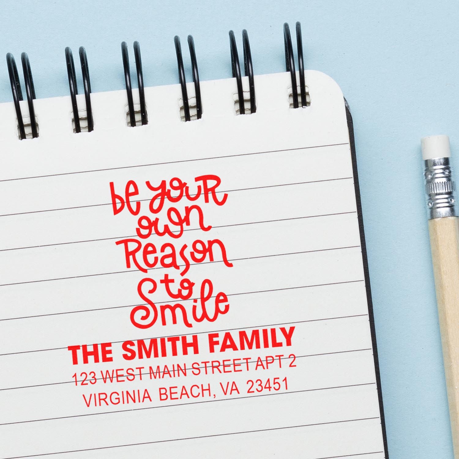 Personalized custom rubber stamp with motivational quote and return address for The Smith Family.
