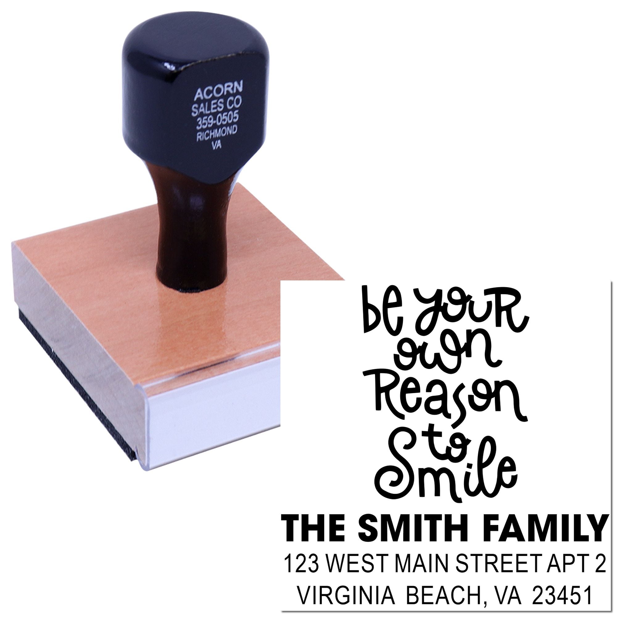 Custom rubber address stamp with family name, slogan, and return address for personalized mailing and packaging.