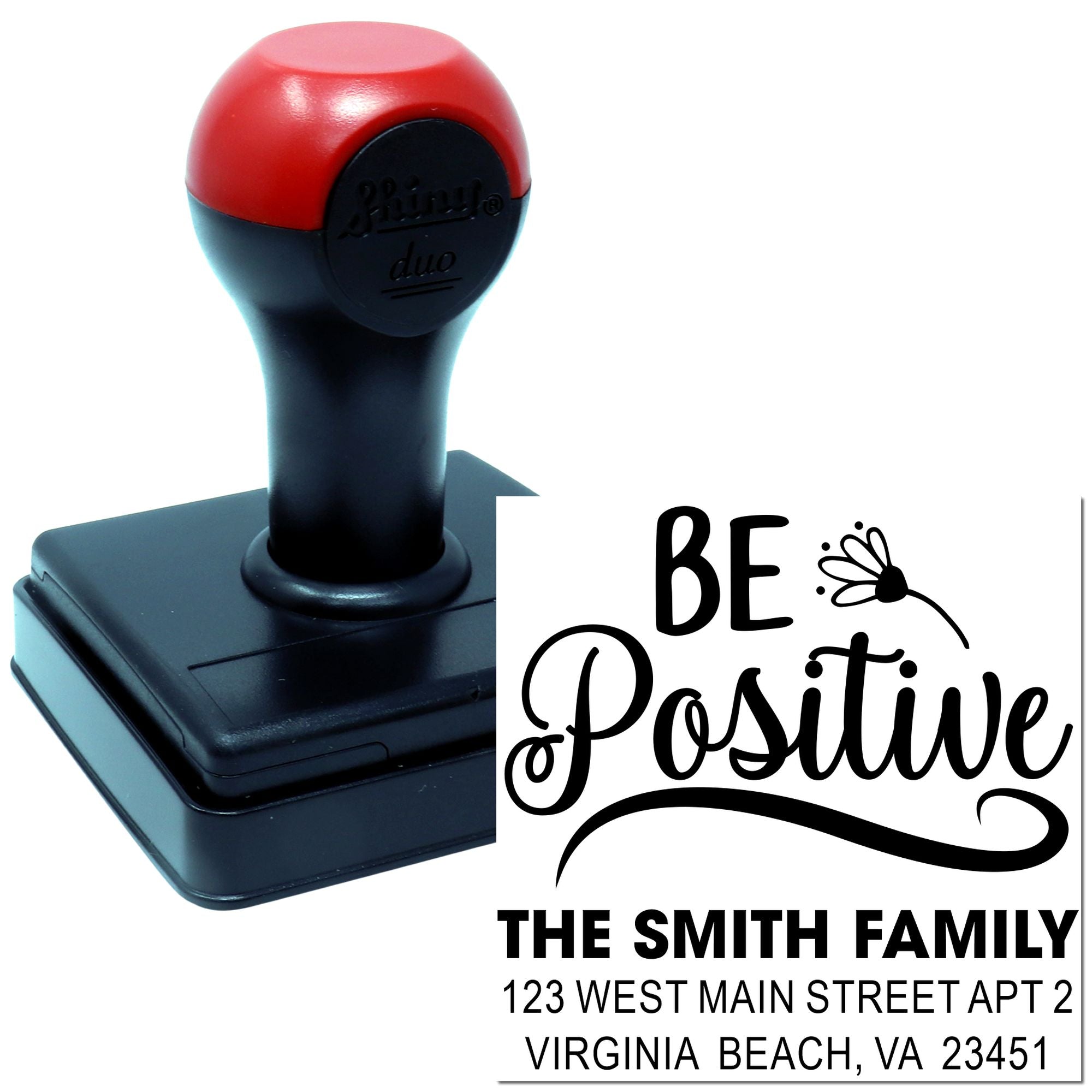 Custom self-inking rubber stamp with Be Positive design and personalized Smith family address for envelopes and cards.