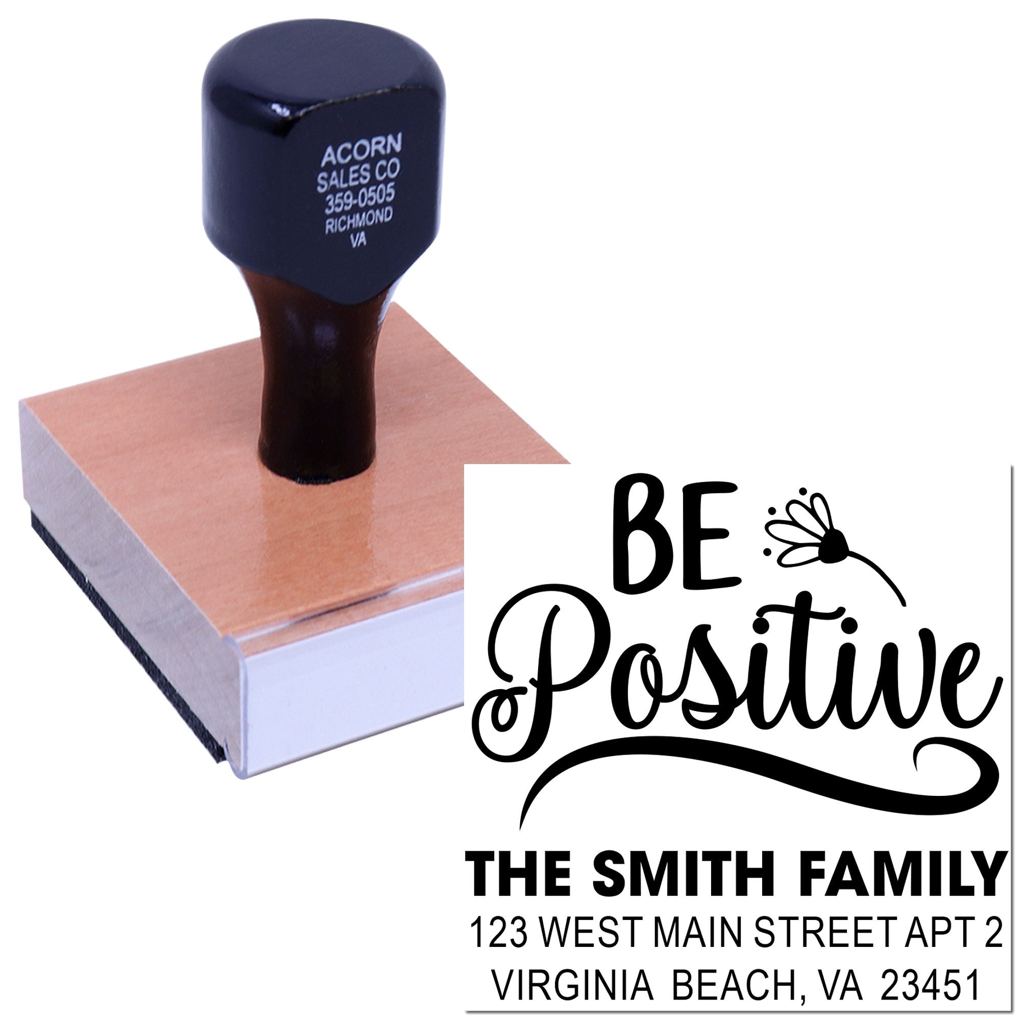 Custom rubber address stamp with Be Positive family design and return address for personalized mailing and branding.