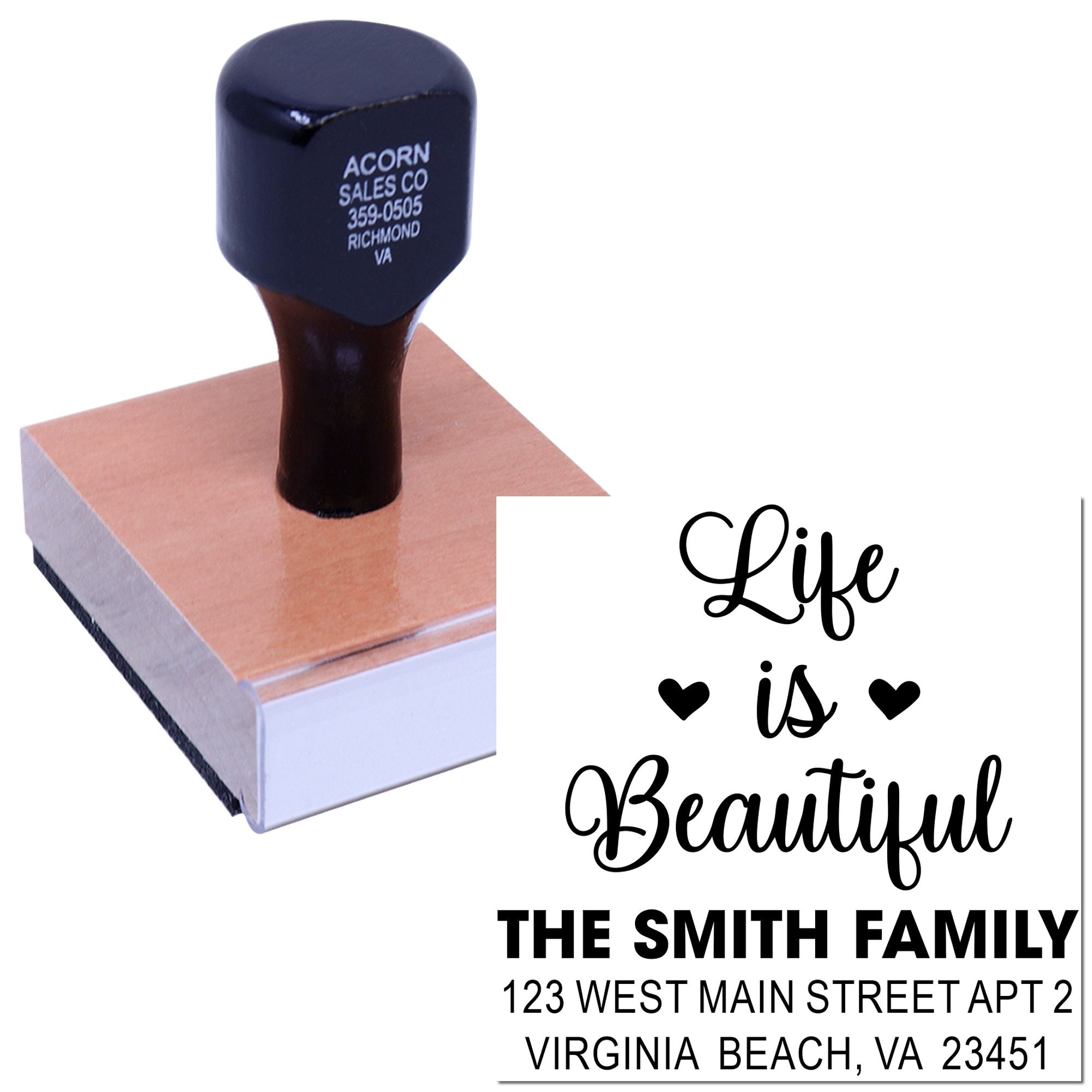 Custom rubber address stamp featuring Life is Beautiful and personalized family name and address.
